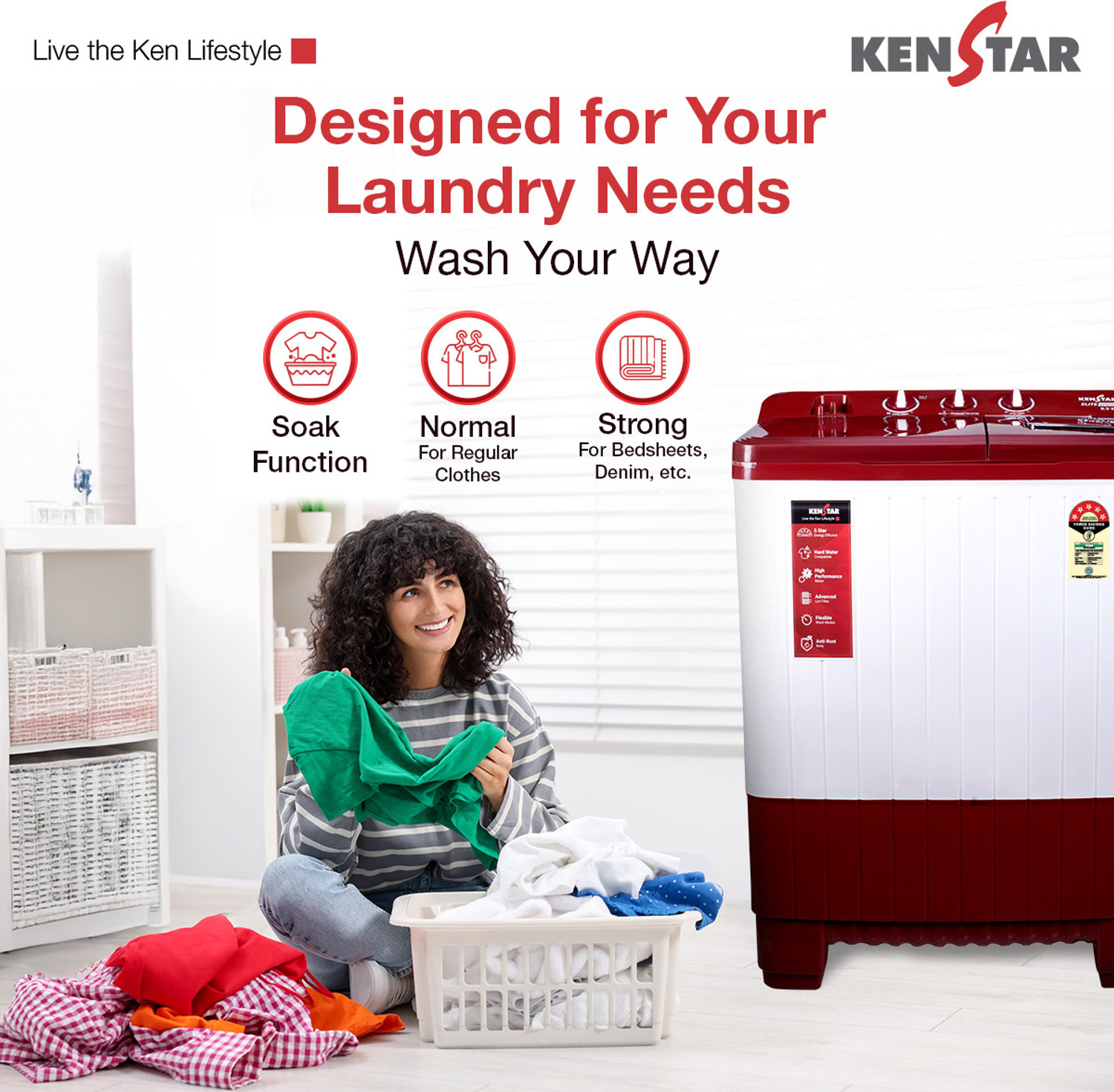 Image of Kenstar 8.5 Kg Swift Dry Lid Semi Automatic Top Load Washing Machine White, Red