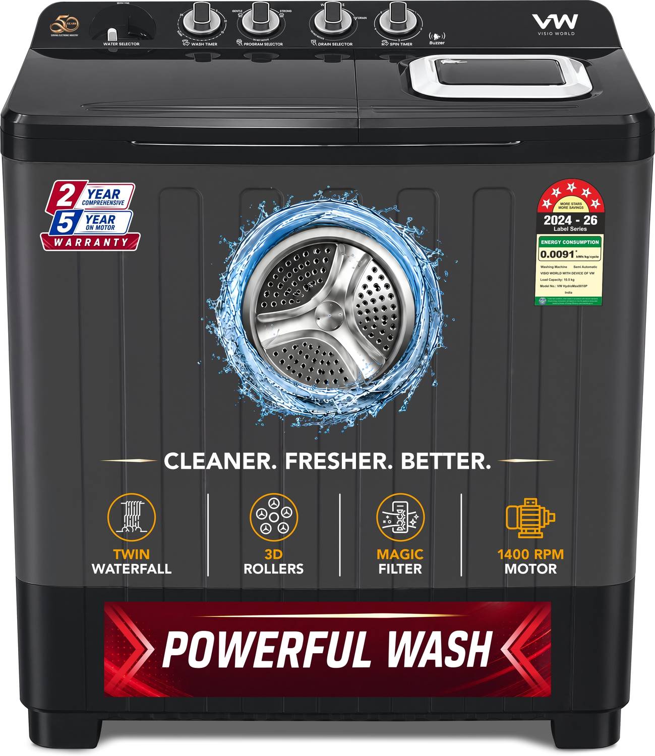 VW 10.5 kg Semi Automatic Top Load Washing Machine Black