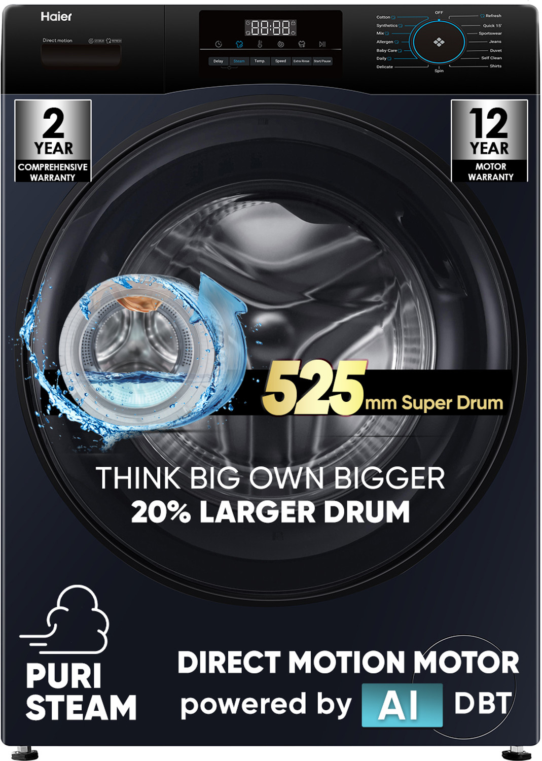 Image of Haier 9 kg AI Smart Wash (AI-DBT) , PuriSteam , 525mm Super Drum Fully Automatic Front Load Washing Machine Black, Blue