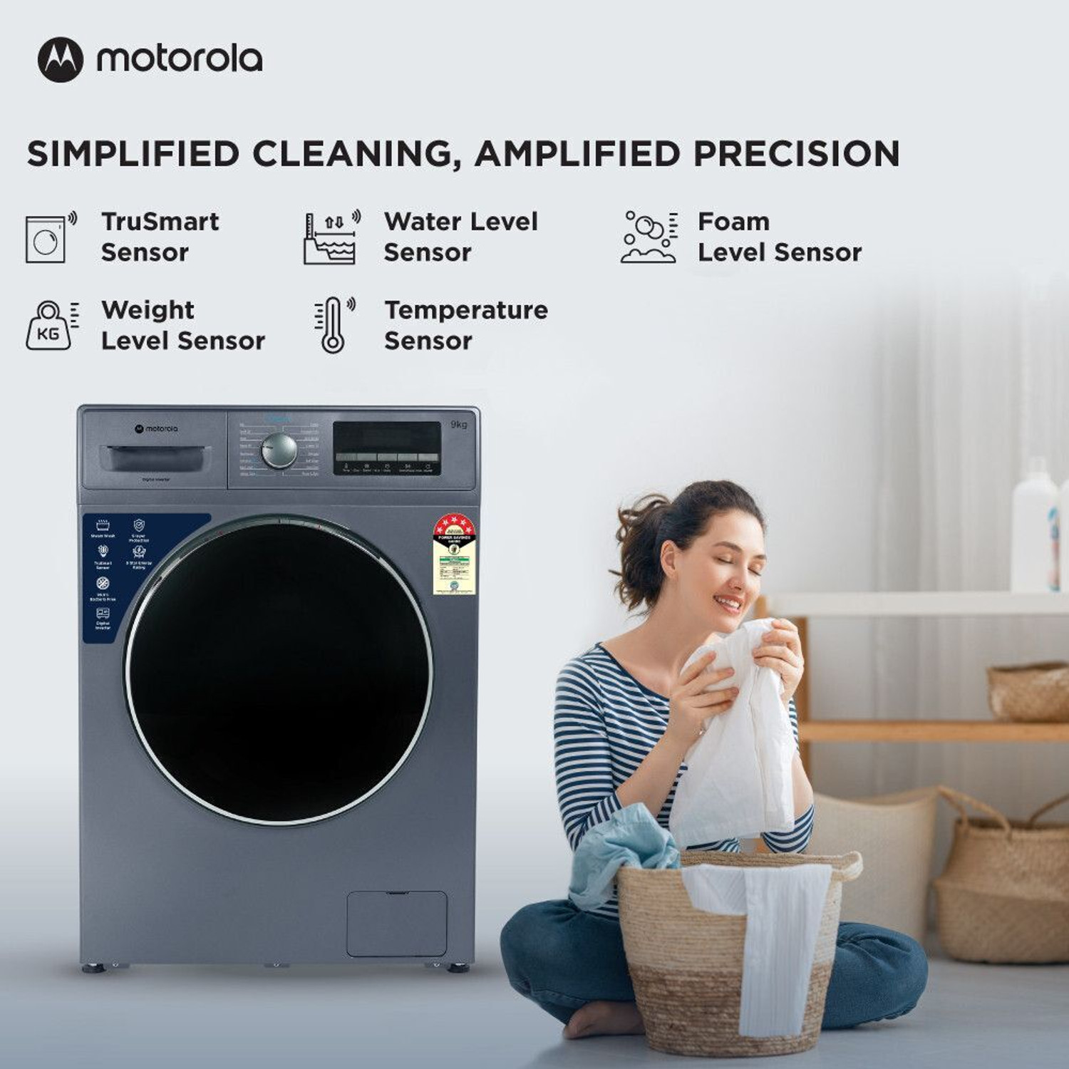 Image of MOTOROLA 9 kg Super Steam Technology Fully Automatic Front Load Washing Machine with In-built Heater Blue
