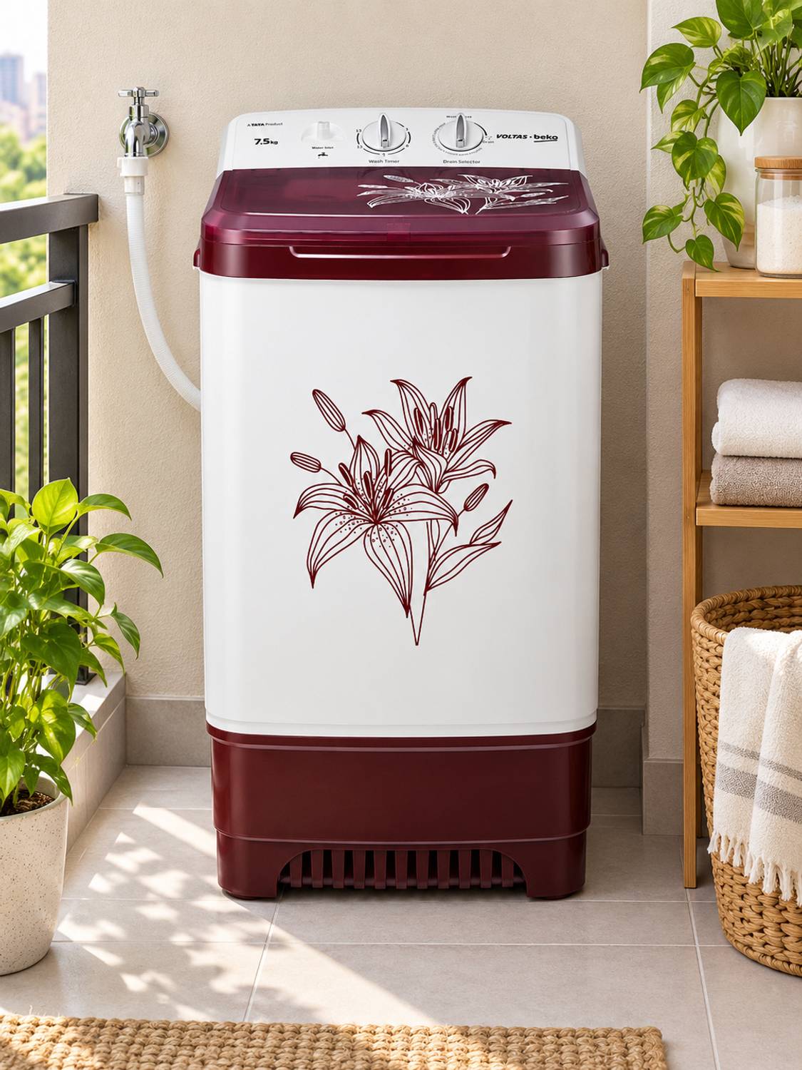 Voltas 7.5 kg Washer Maroon, White - Image 4