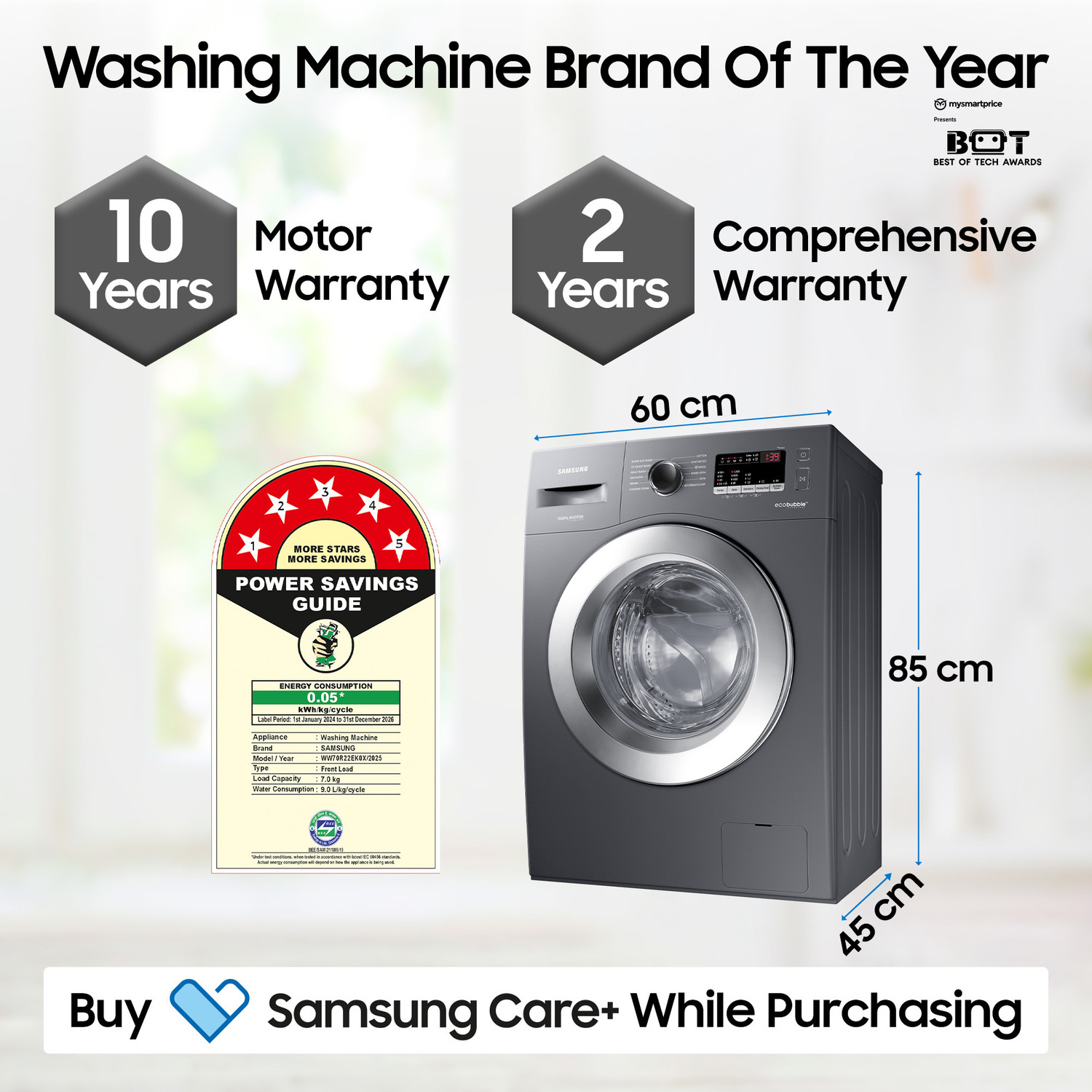 Image of Samsung 7 kg 5 star, EcoBubble Technology, Hygiene Steam Digital Inverter Fully Automatic Front Load Washing Machine with In-built Heater Grey