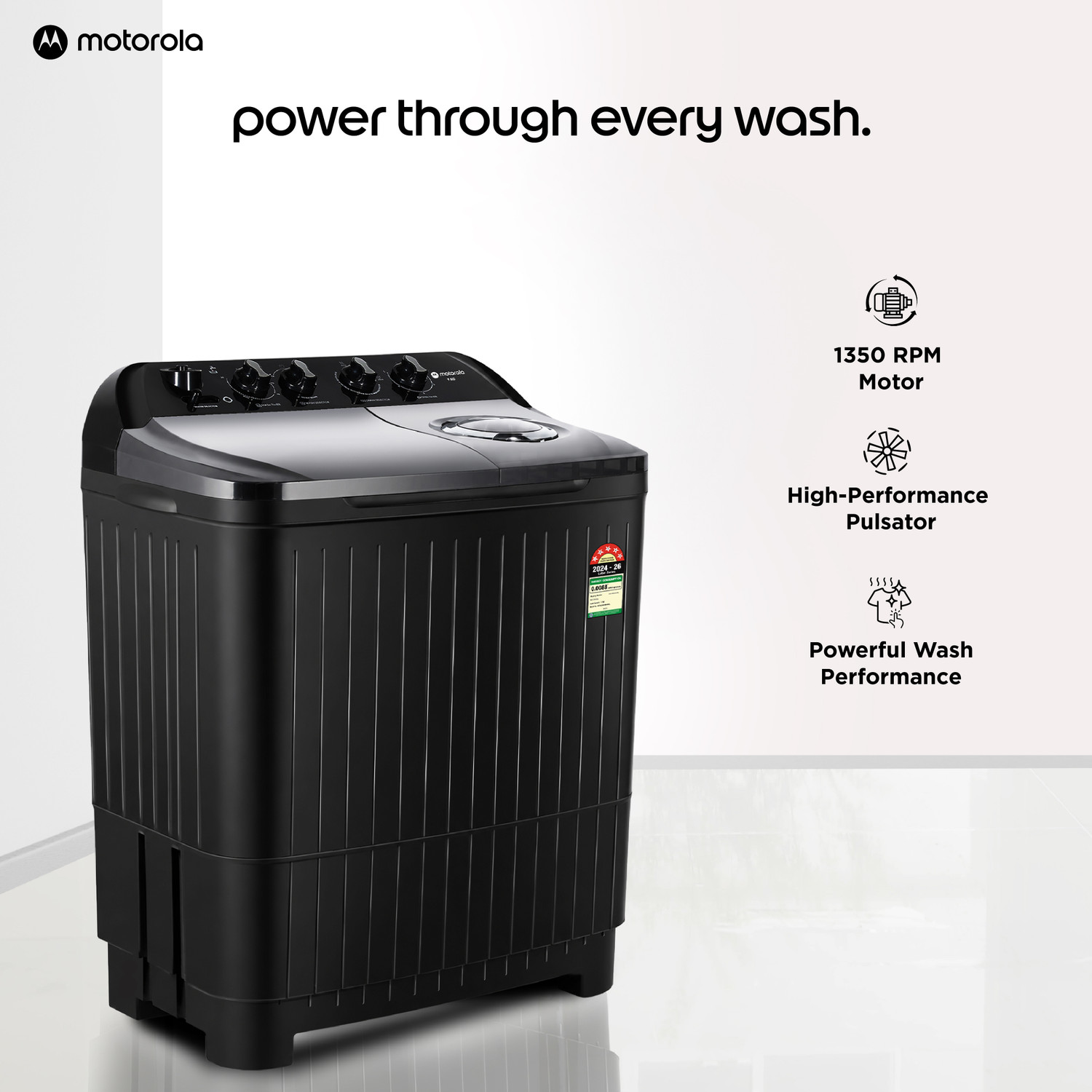 Image of MOTOROLA 9 kg Semi Automatic Top Load Washing Machine Black