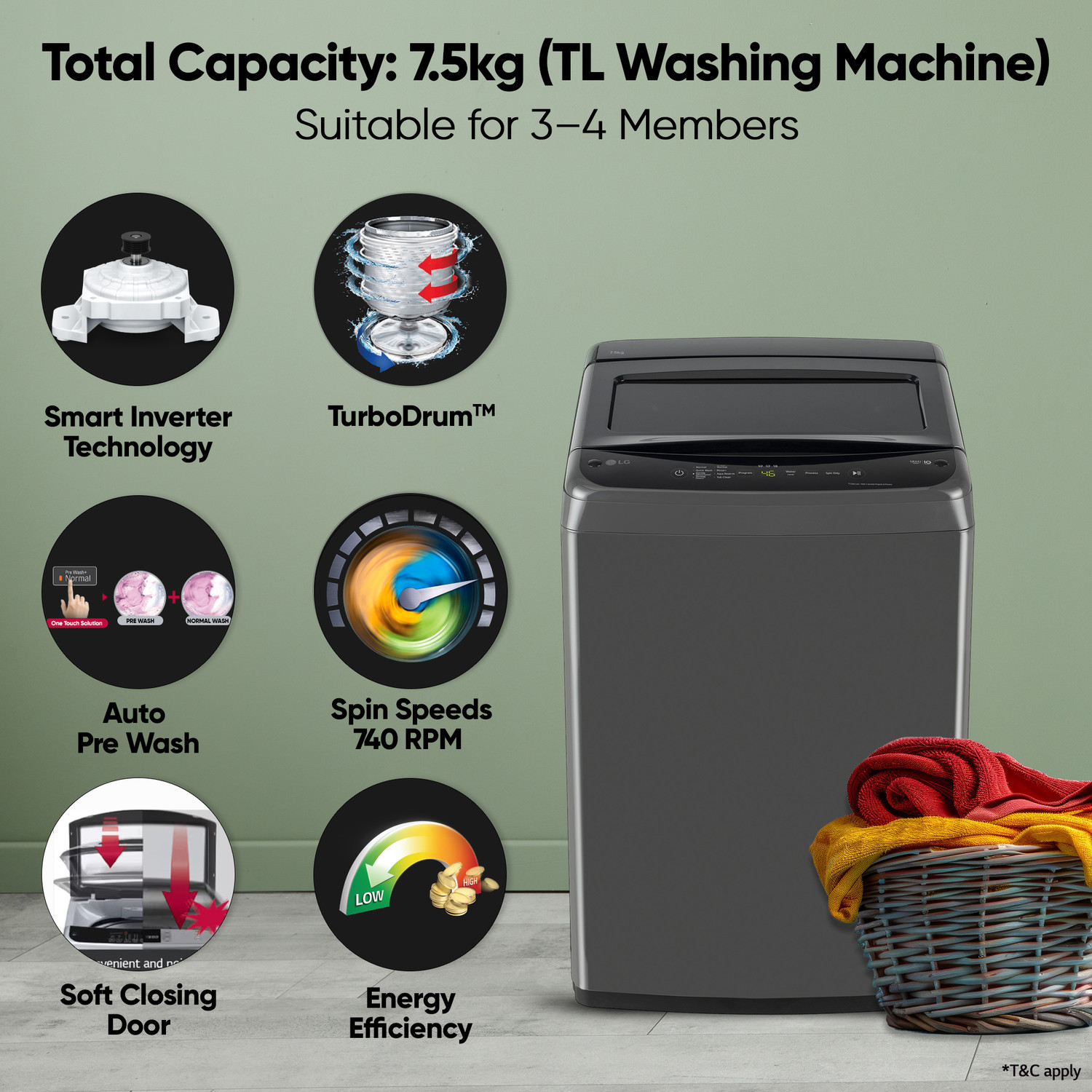 Image of LG 7.5 kg 5 Star, Smart Inverter Technology, TurboDrum, Smart Diagnosis Fully Automatic Top Load Washing Machine Grey