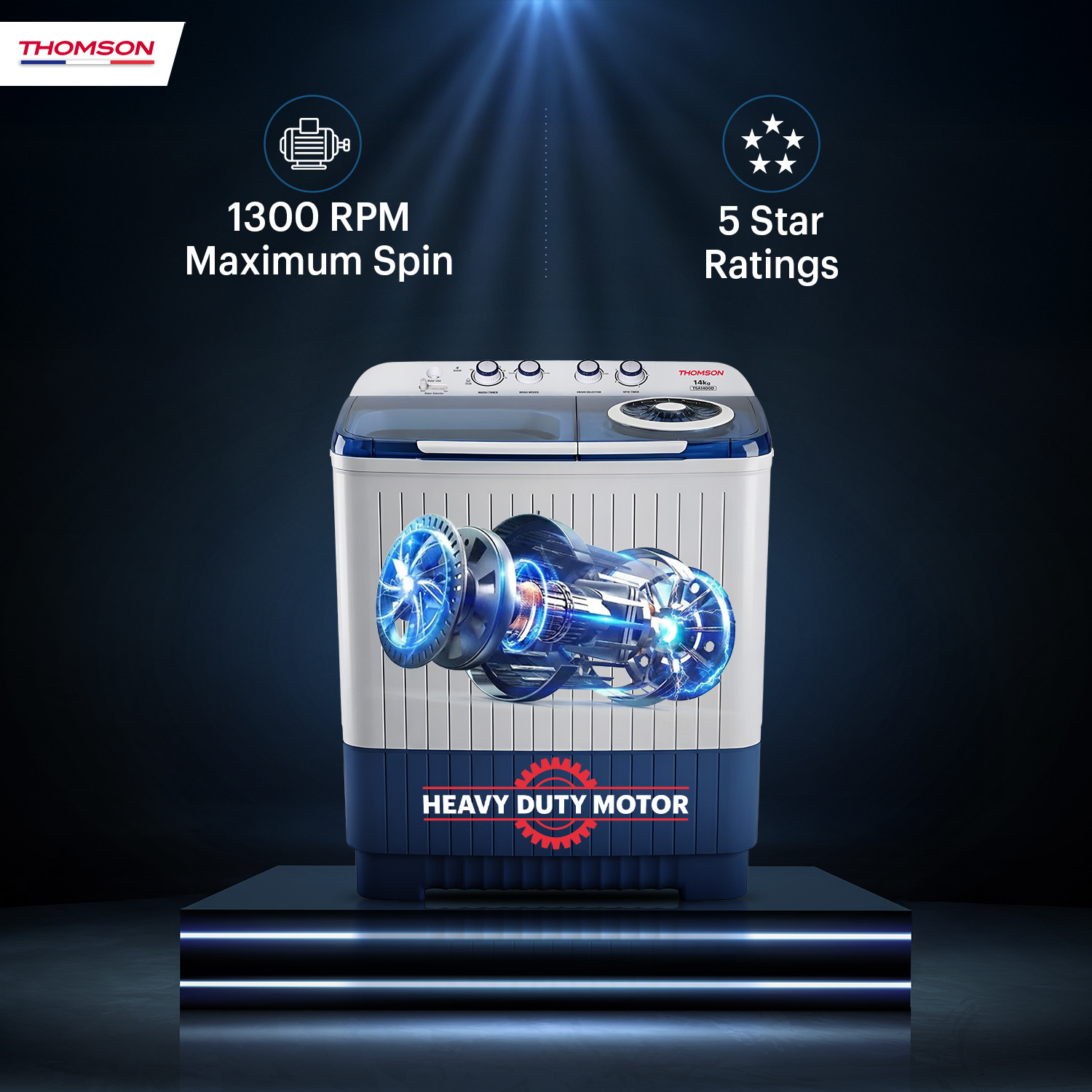 Image of Thomson 14 kg 5 Star Aqua Magic with Double Waterfall, Heavy Duty Motor, Magic Filter, Advanced Soak Technology, Collar Scrubber, Turbo Dry Technology, Semi Automatic Top Load Washing Machine Blue, White