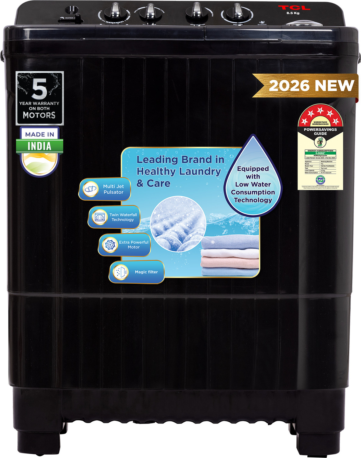Image of TCL 8.5 kg 5 Star with Extra Powerful Motor, Magic & Lint Filter, Multi Jet Pulsator and Fast Dry Semi Automatic Top Load Washing Machine Black