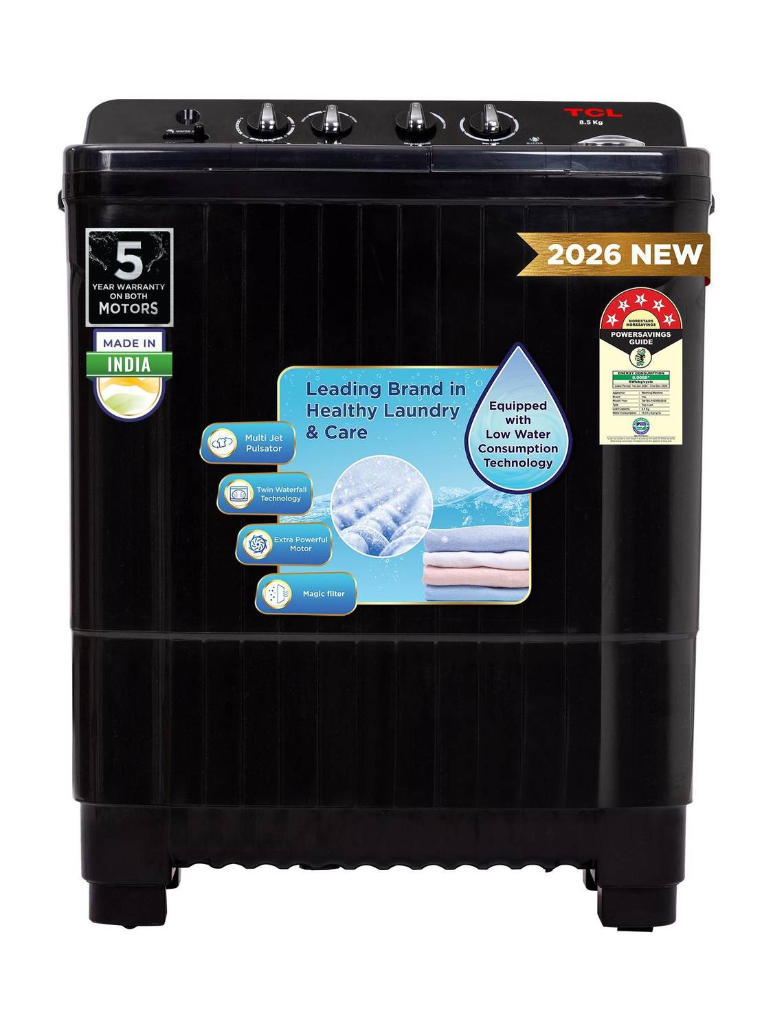 TCL 8.5 kg 5 Star with Extra Powerful Motor, Magic & Lint Filter, Multi Jet Pulsator and Fast Dry Semi Automatic Top Load Black (TWT85-P103PD) — image 1 of 5