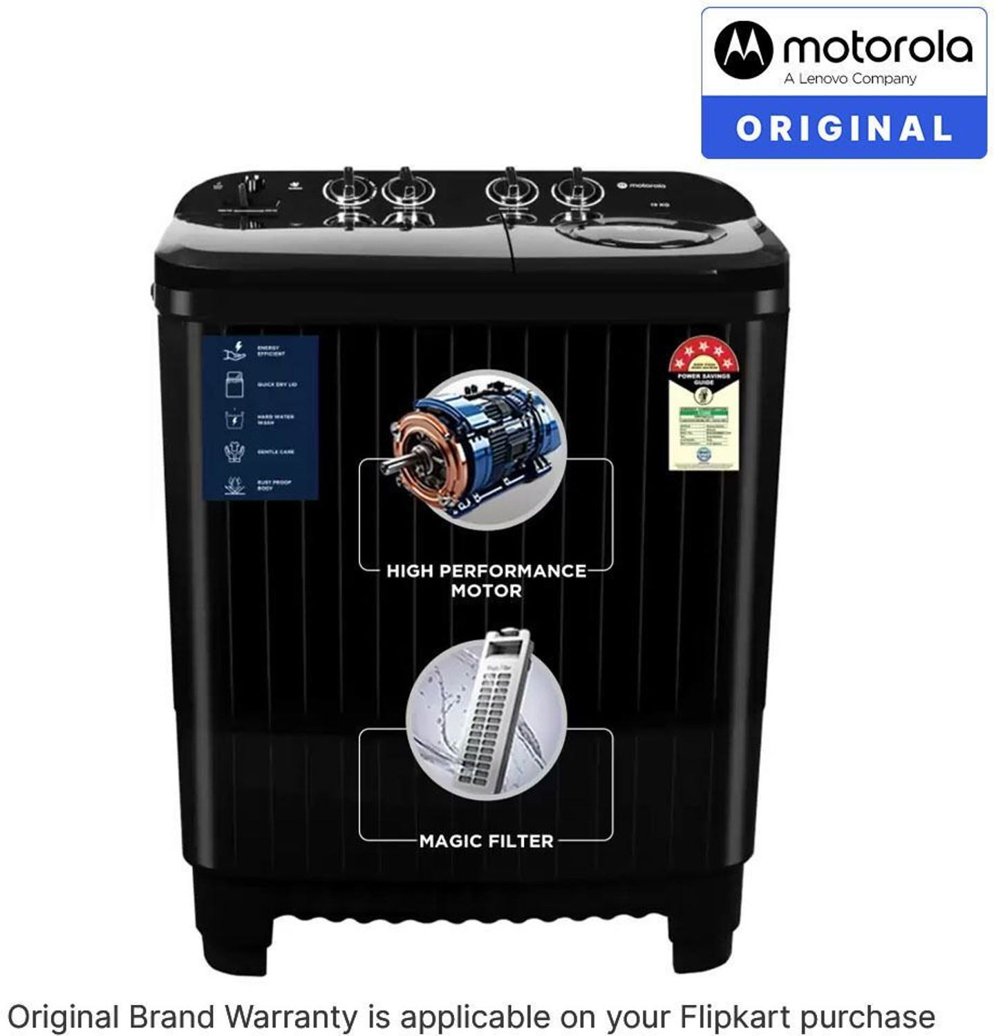 Image of MOTOROLA 10 kg 5 star rating Midnight Series Semi Automatic Top Load Washing Machine Black