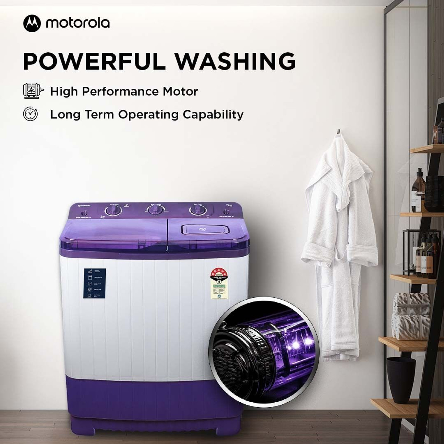 Image of MOTOROLA 7 kg Semi Automatic Top Load Washing Machine White, Purple