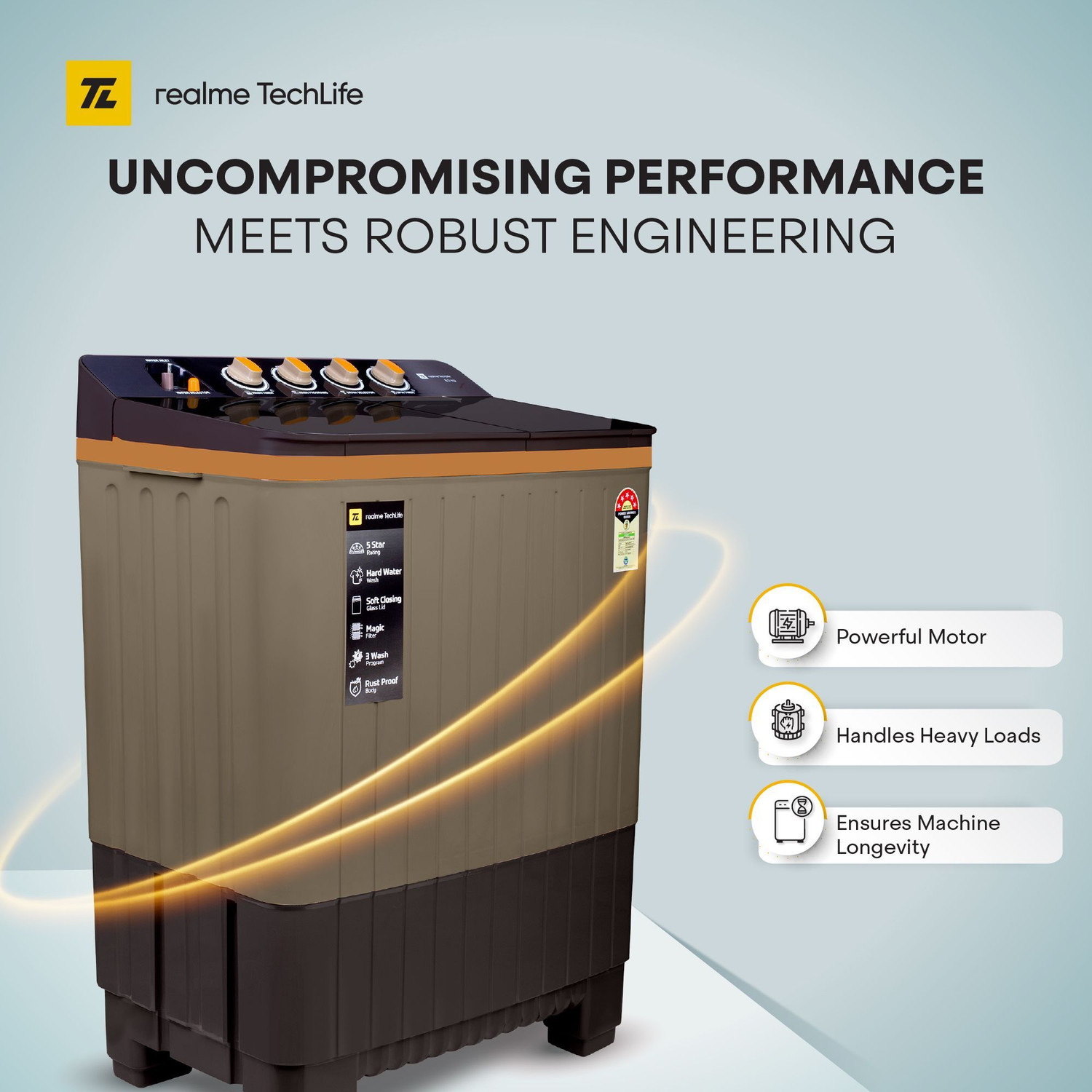 Image of realme TechLife 8.5 kg 5 Star Rating, Toughened Glass lid, and Heavy Duty Motor Semi Automatic Top Load Washing Machine Grey, Black