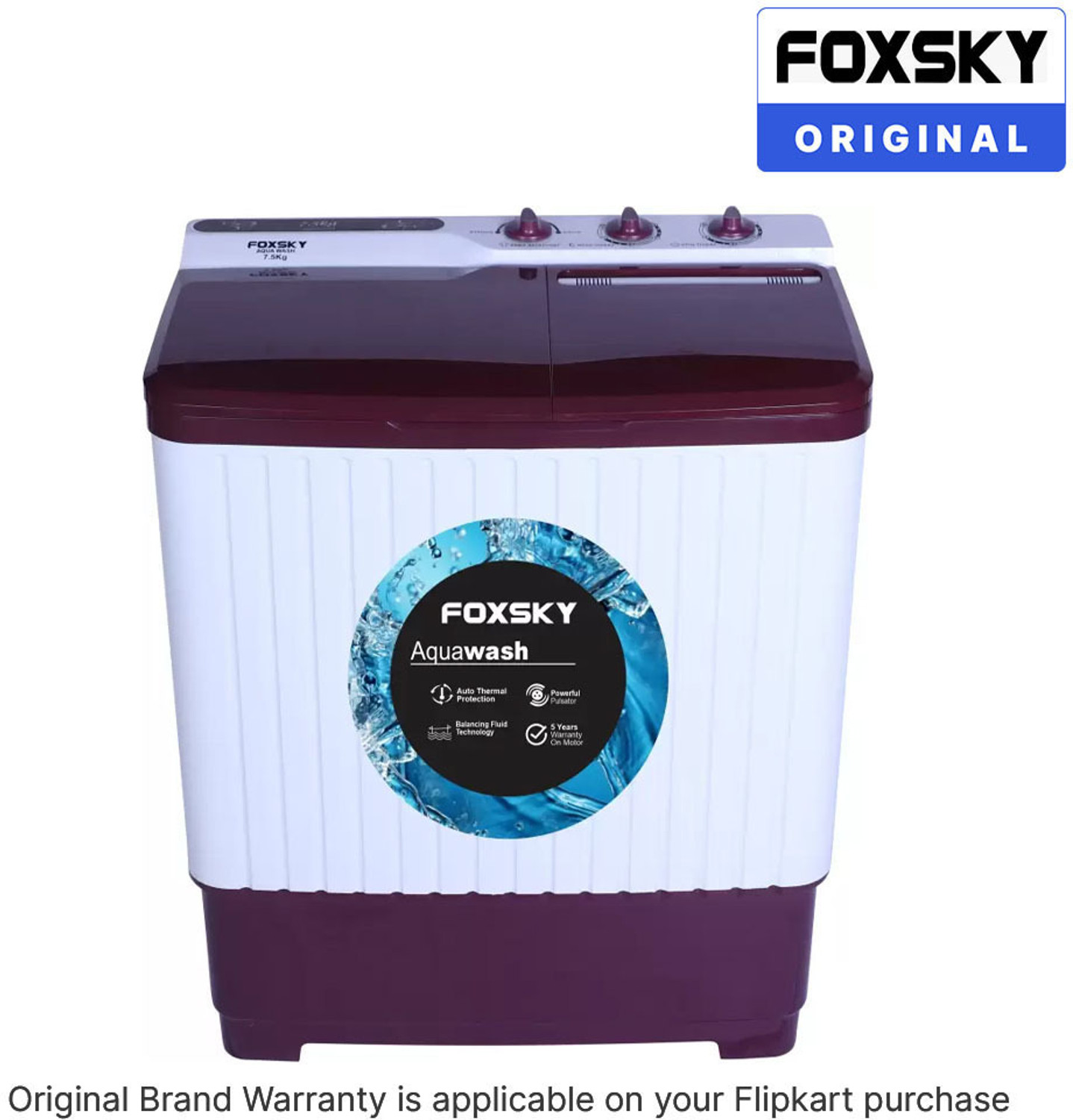 Image of FOXSKY 7.5 kg Semi Automatic Top Load Washing Machine White, Maroon