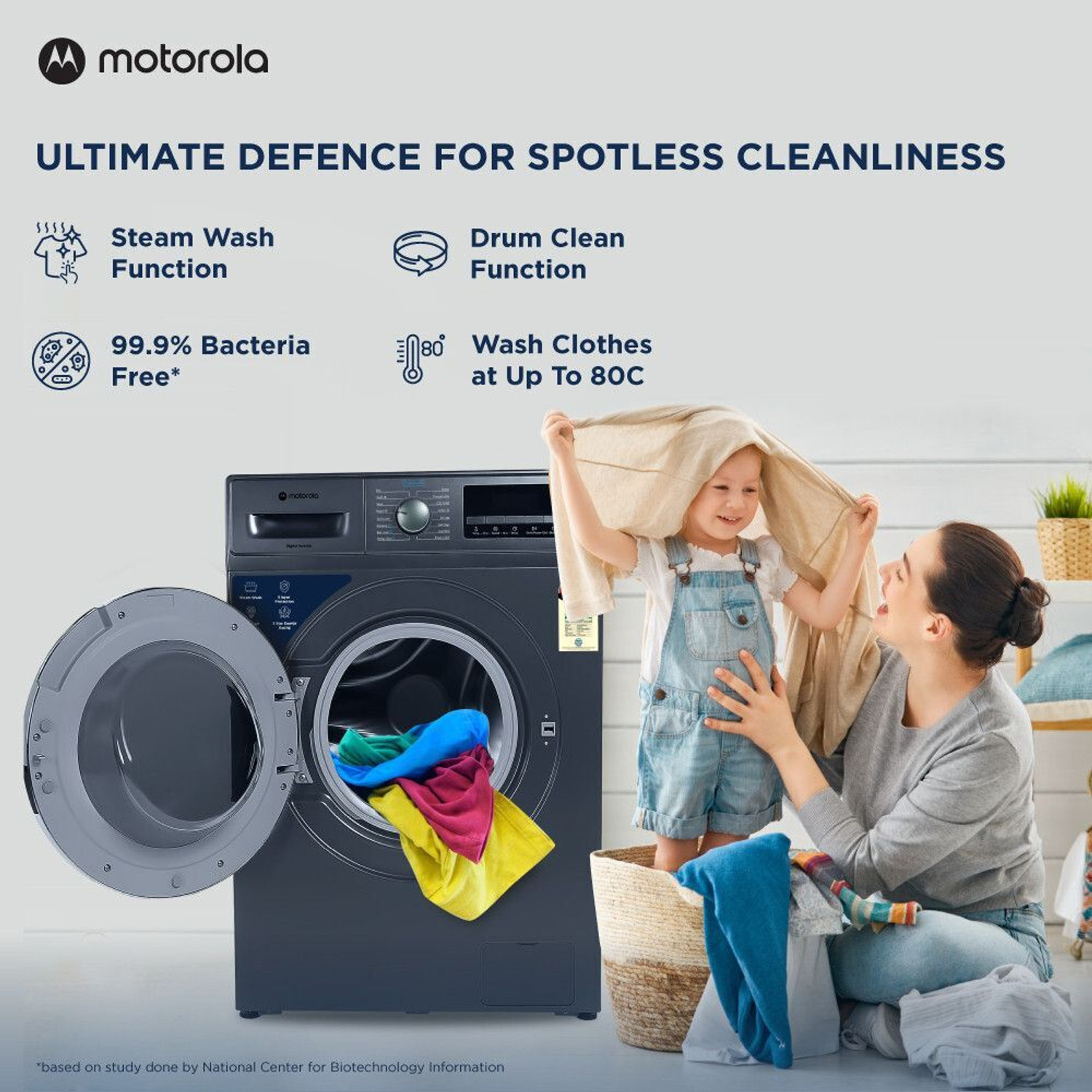 Image of MOTOROLA 7 kg Super Steam Technology Fully Automatic Front Load Washing Machine with In-built Heater Blue