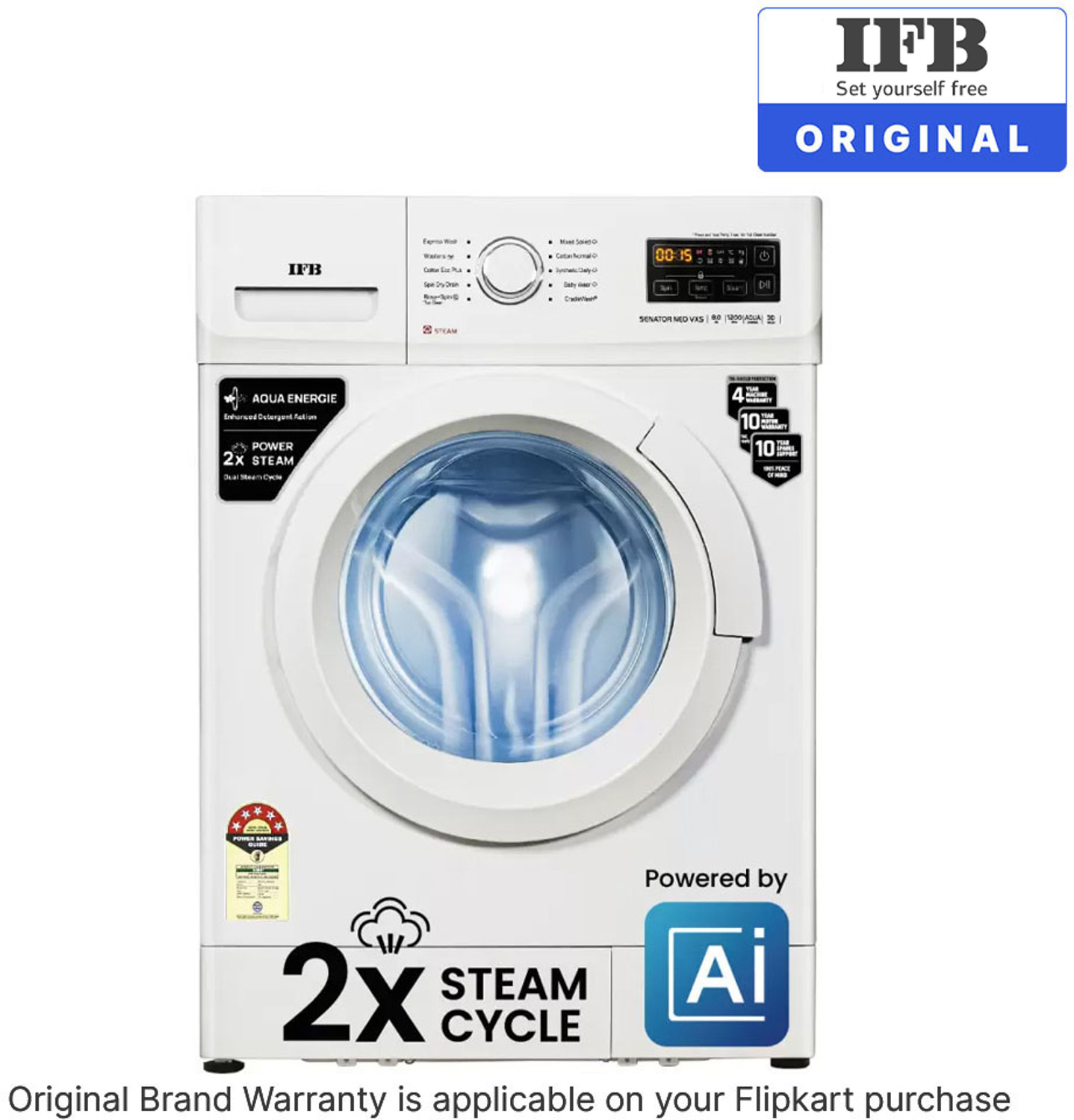 Image of IFB 8 kg Powered by AI, 5 Star,� with 2x Steam Cycle Fully Automatic Front Load Washing Machine with In-built Heater White