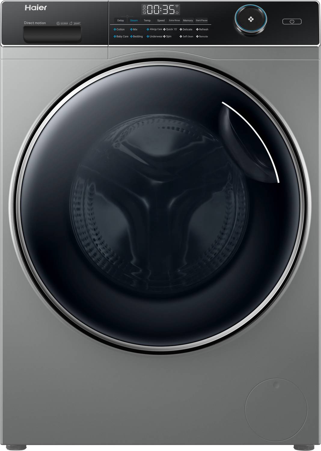 Haier 8 kg Super Drum 525, Puri steam & Refresh Fully Automatic Front Load Washing Machine with In-built Heater Grey