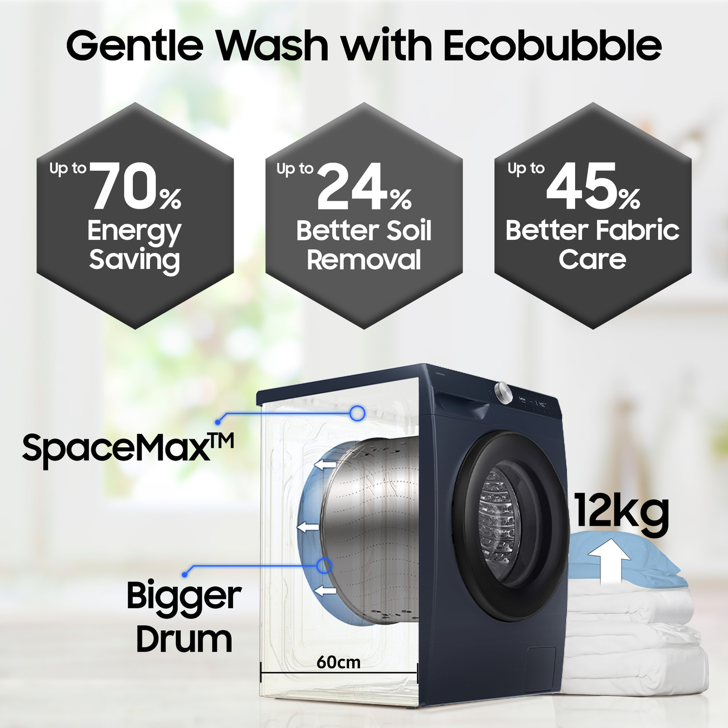 Image of Samsung 12 kg 5 Star, AI Control, AI Ecobubble, Super Speed, Wi-Fi, Hygiene Steam, Digital Inverter Motor Fully Automatic Front Load Washing Machine with In-built Heater Black, Blue