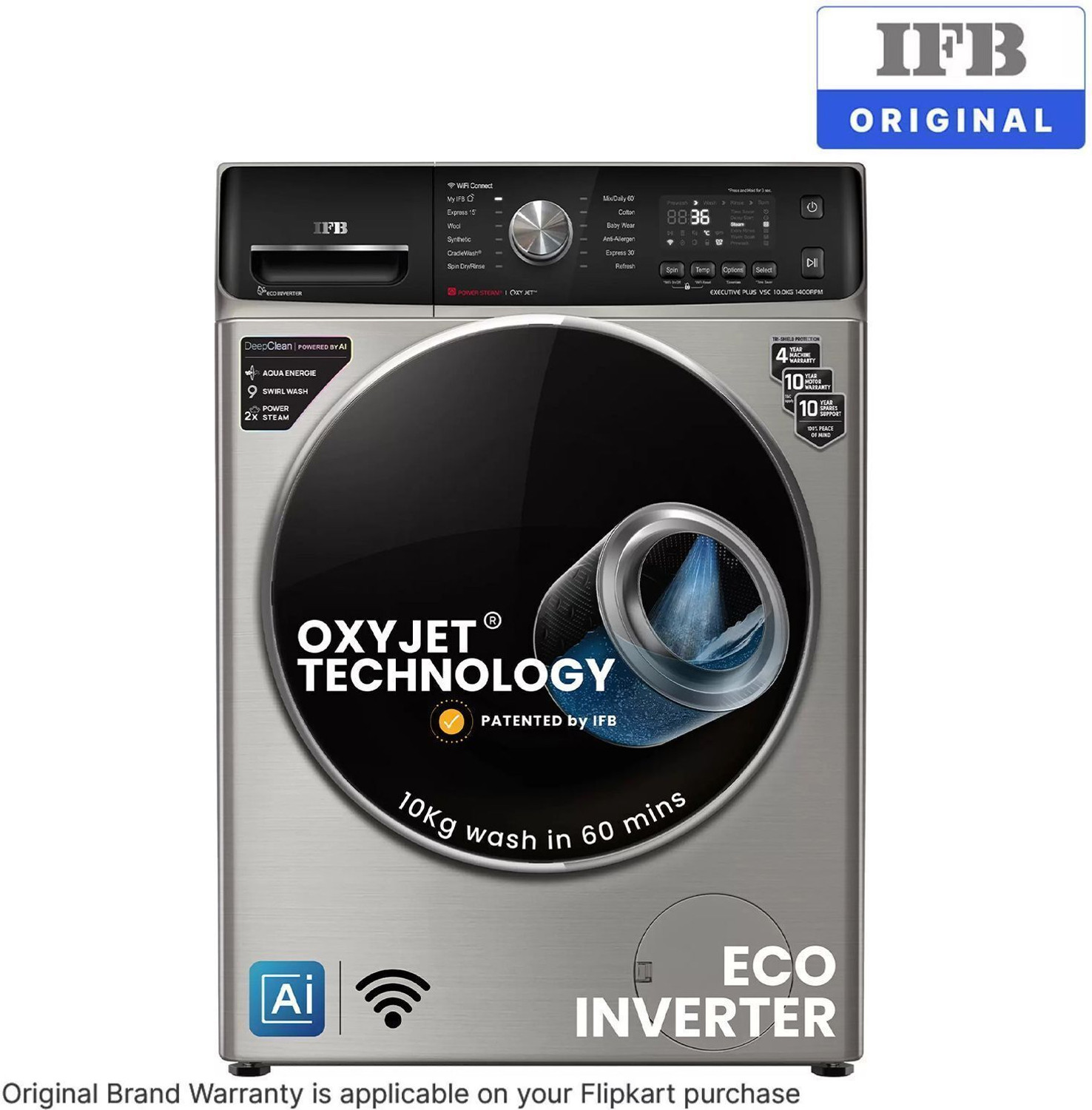 Image of IFB 10 kg 5 Star with Steam Refresh program, 9 Swirl Wash, Eco Inverter, with AI Fully Automatic Front Load Washing Machine with In-built Heater Black, Silver