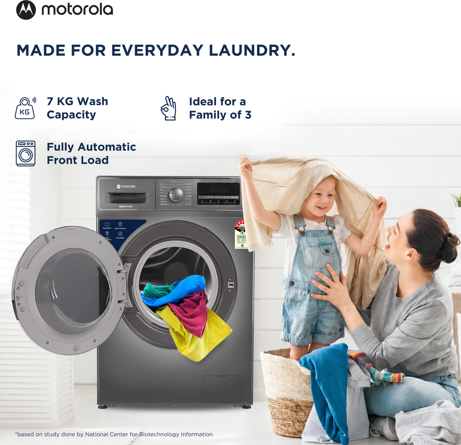 Image of MOTOROLA 7 kg Fully Automatic Front Load Washing Machine with In-built Heater Grey