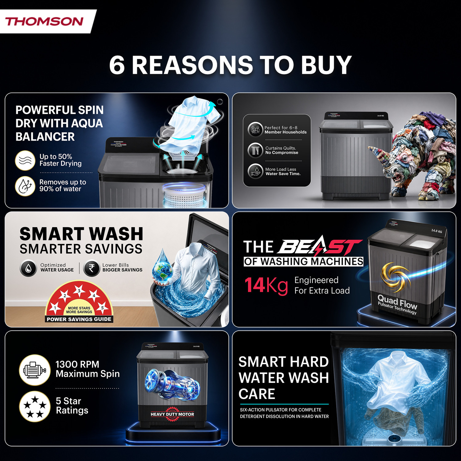 Image of Thomson 14 kg 5 Star Aqua MagicToughened Glass with soft closure, Heavy Duty Motor, Magic Filter, Advance Soak Technology, Double Waterfall, Quad Flow Pulsator Technology, Aqua Balancer Technology, Semi Automatic Top Load Washing Machine Black