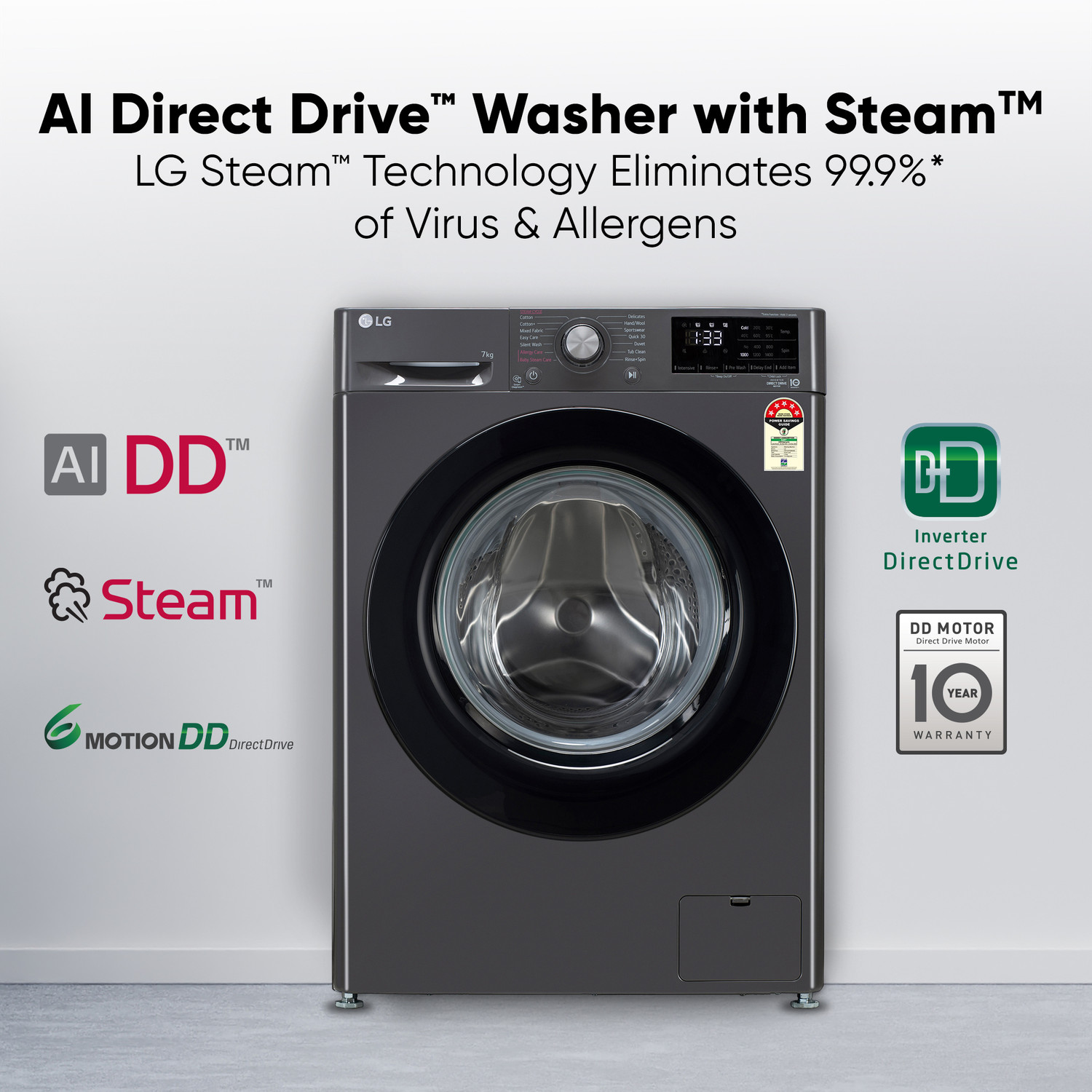 Image of LG 7 kg AI Direct Drive Technology Fully Automatic Front Load Washing Machine with In-built Heater Black, Grey