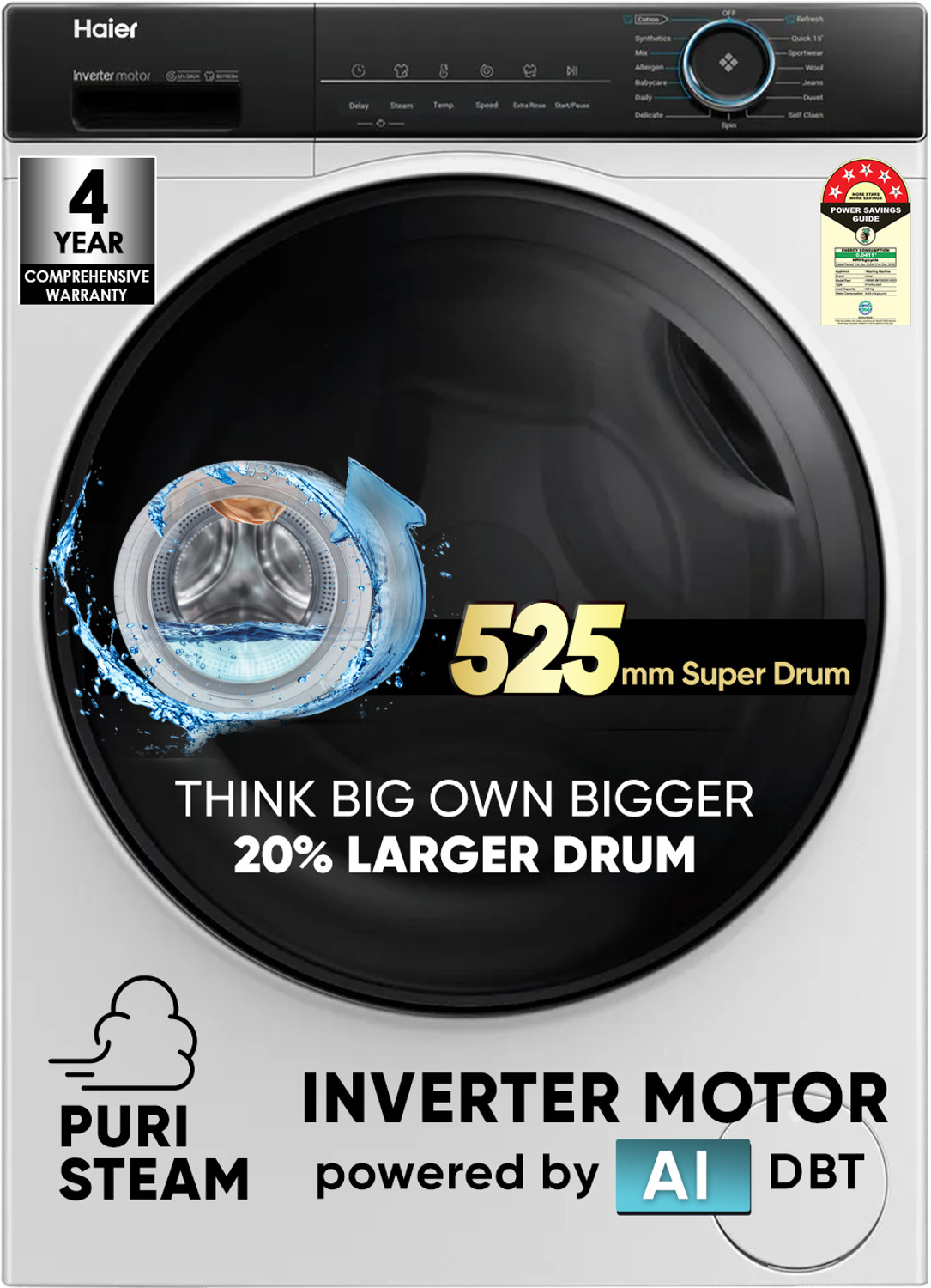 Image of Haier 8 kg 聽5 Star with Powered by AI-DBT, PuriSteam, 525 mm Super Drum, Inverter Motor, Inbuilt Heater, Washer Fully Automatic Front Load Washing Machine Black, White