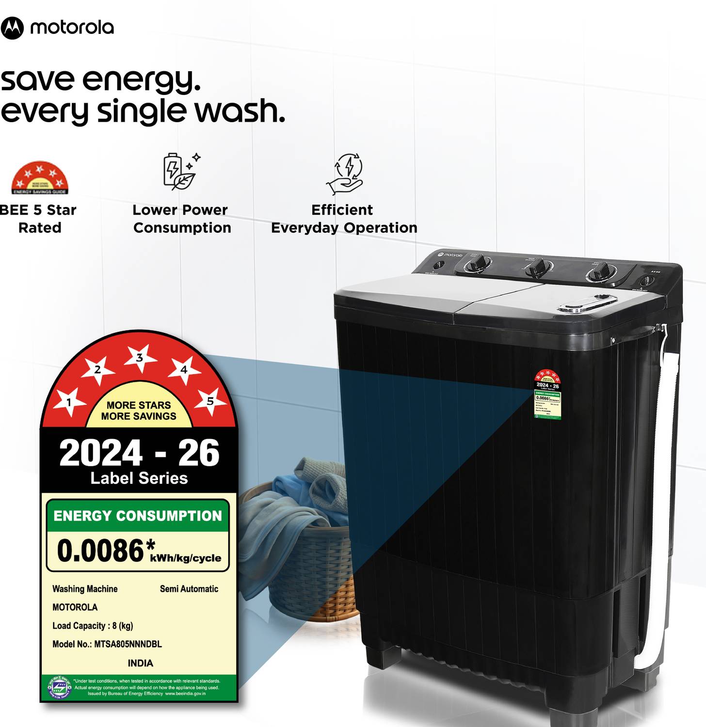 Motorola 8 kg Semi Auto Top Load Washing Machine Black - Image 5