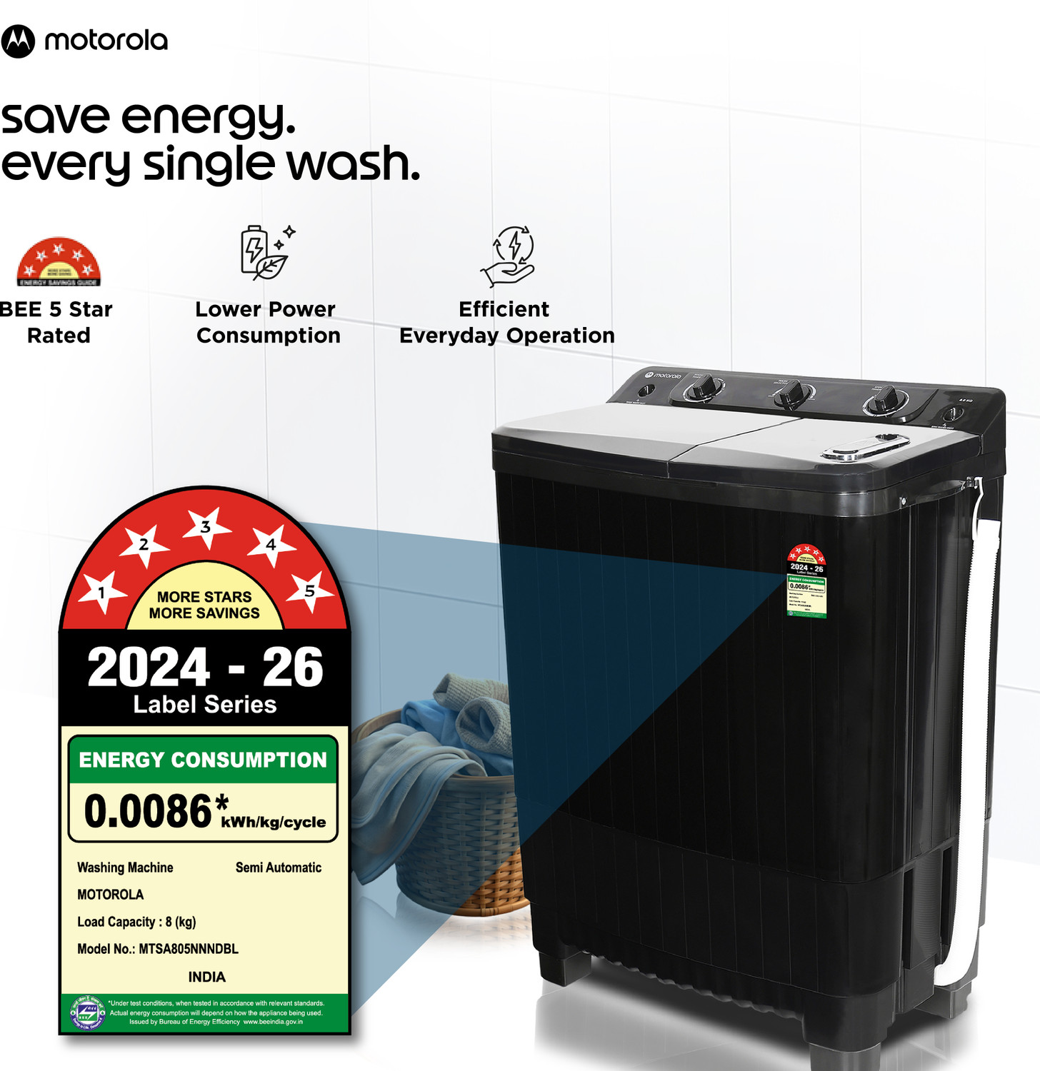 Image of MOTOROLA 8 kg Semi Automatic Top Load Washing Machine Black
