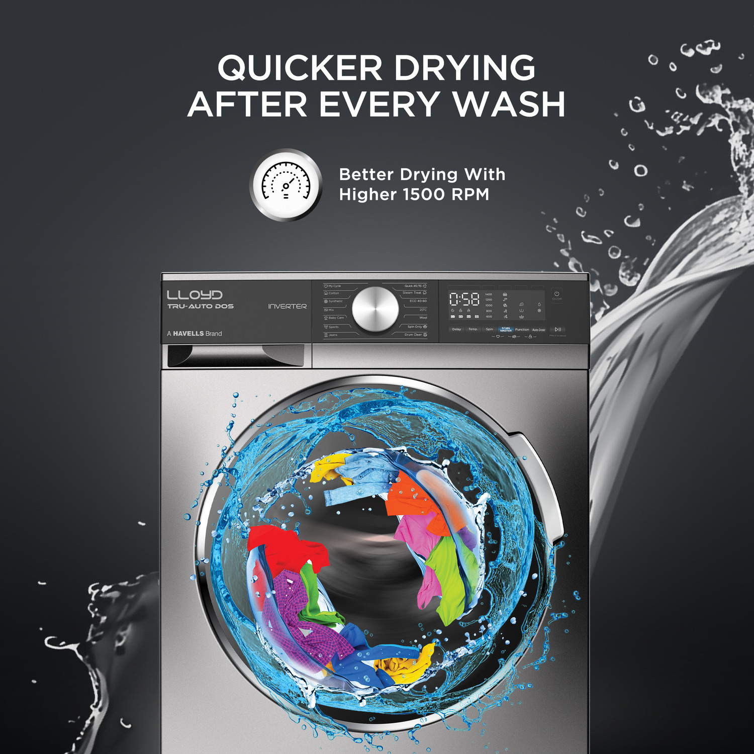 Image of Lloyd 10 kg Fully Automatic Front Load Washing Machine with In-built Heater Black