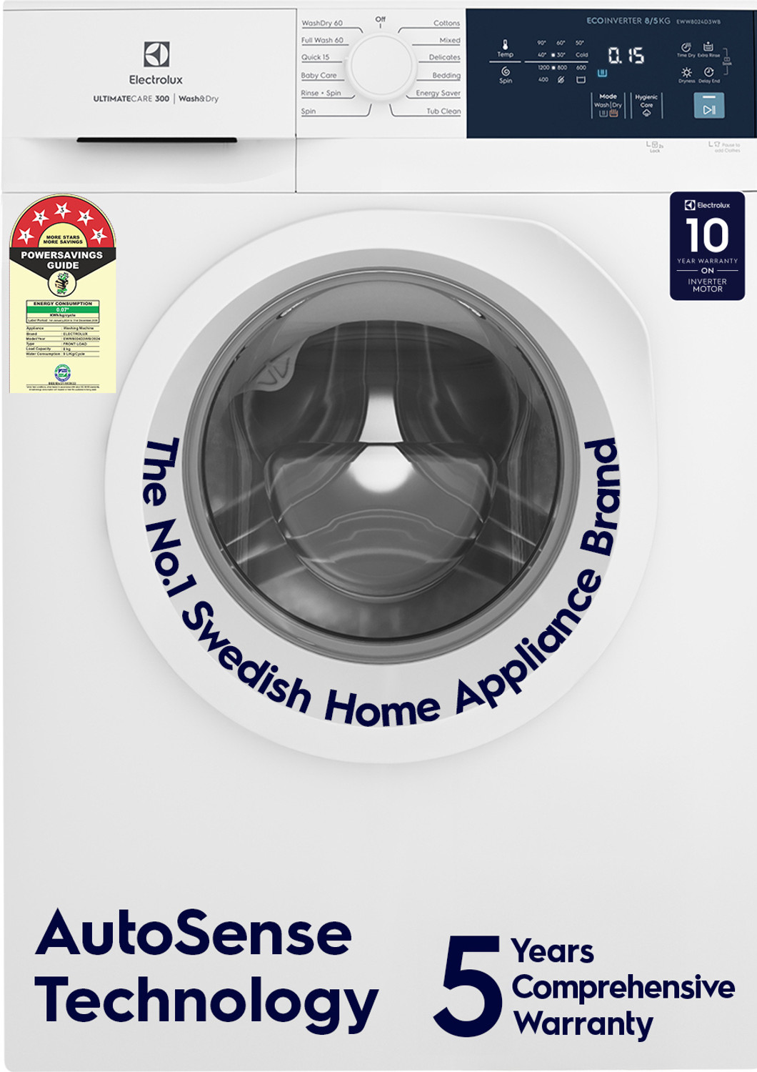 Image of Electrolux 8 /5 kg Washer with Dryer 5 Star EcoInverter, 40C Vapour Wash,UltimateCare 300 White