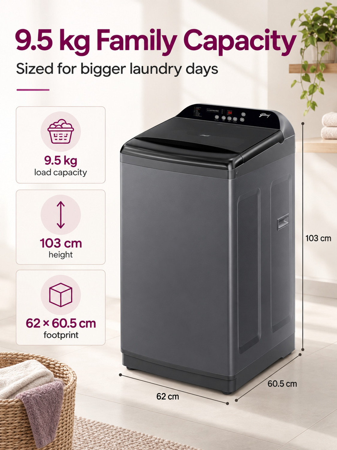 Image of Godrej 9.5 kg Fully Automatic Top Load Washing Machine with In-built Heater Grey