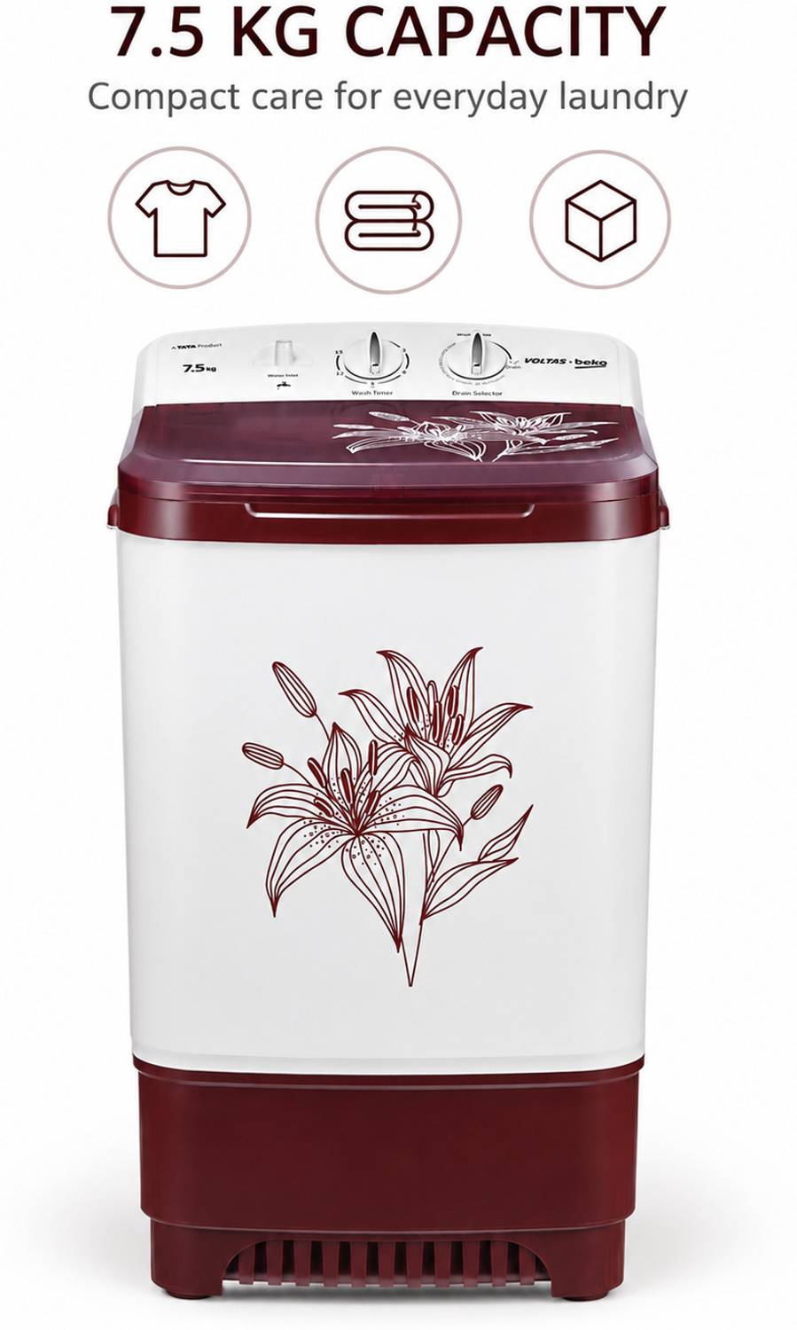Voltas 7.5 kg Washer Maroon, White - Image 2