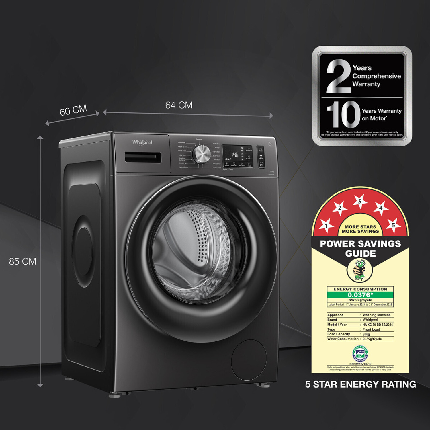 Image of Whirlpool 8 kg 5 Star Inverter Steam Technology, 100+ Tough Stains, 6th Sense Soft Move, Supreme Care Fully Automatic Front Load Washing Machine with In-built Heater Grey
