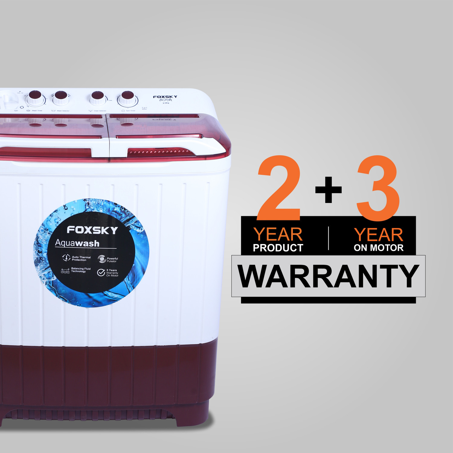 Image of FOXSKY 9.5 kg Semi Automatic Top Load Washing Machine Maroon, White
