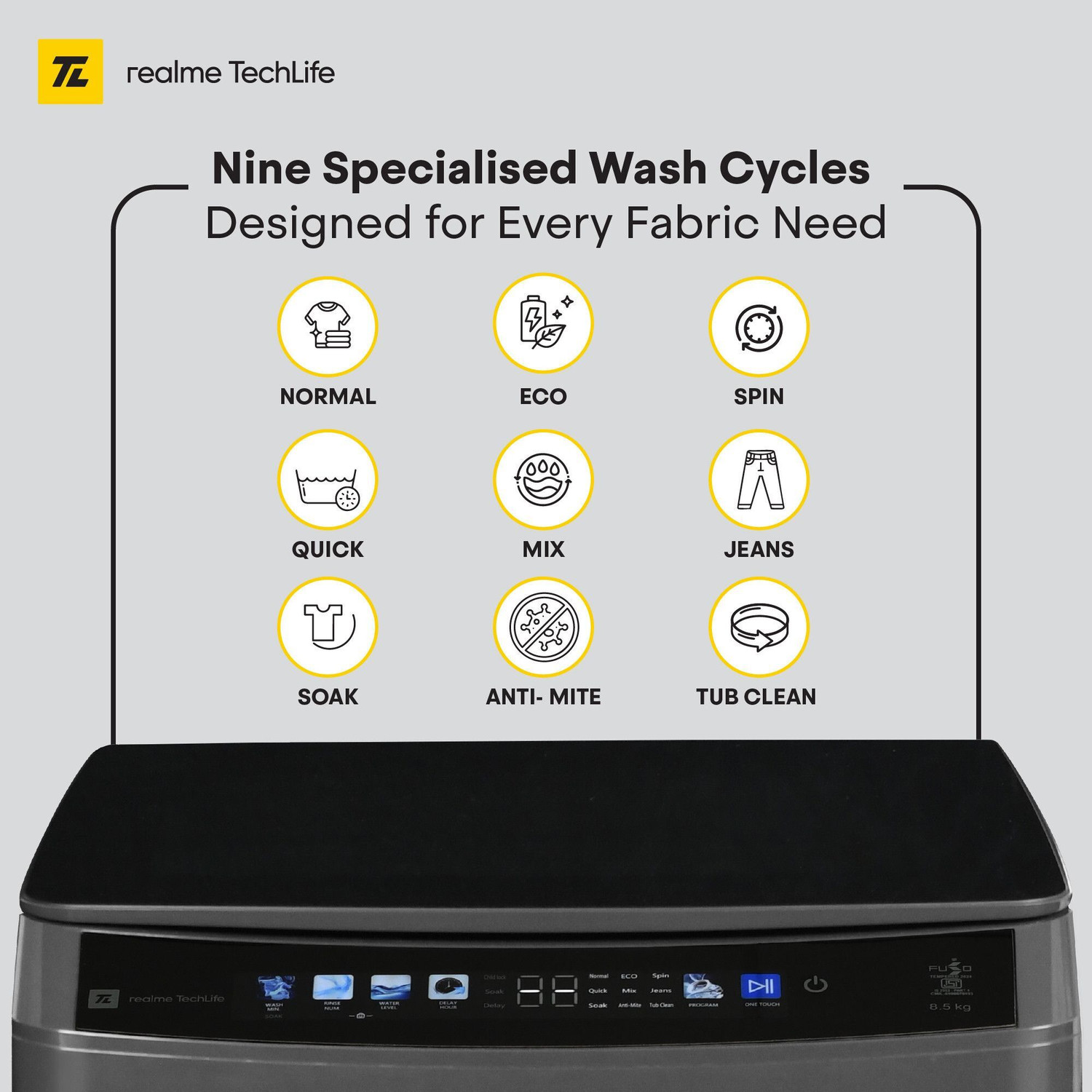 Image of realme TechLife 8.5 kg 5 Star, Touch Screen Panel with Anti-Bacterial (Silver+ Wash) Fully Automatic Top Load Washing Machine Grey