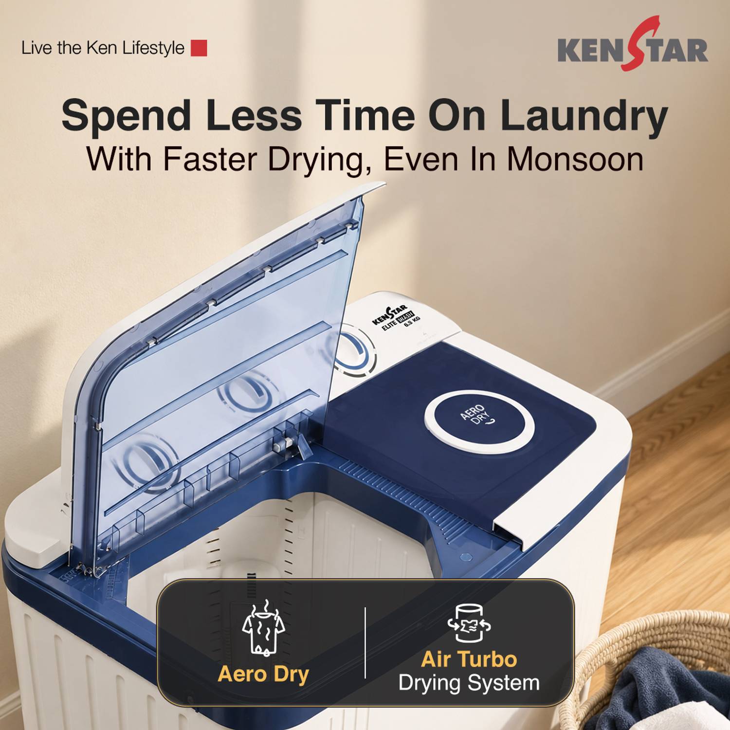 Kenstar 6.5 kg Semi-Automatic Top Load Washing Machine (Blue) - Image 3