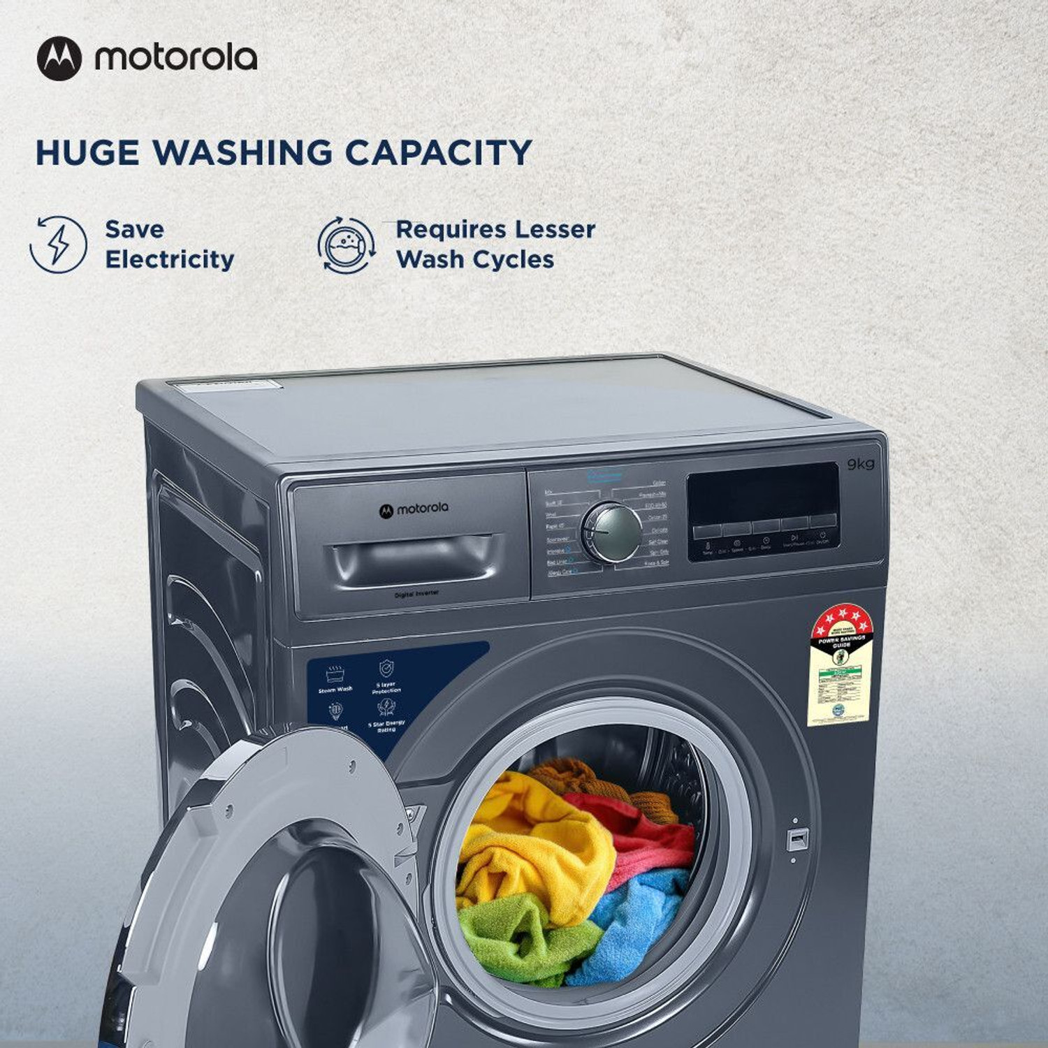 Image of MOTOROLA 9 kg Super Steam Technology Fully Automatic Front Load Washing Machine with In-built Heater Blue