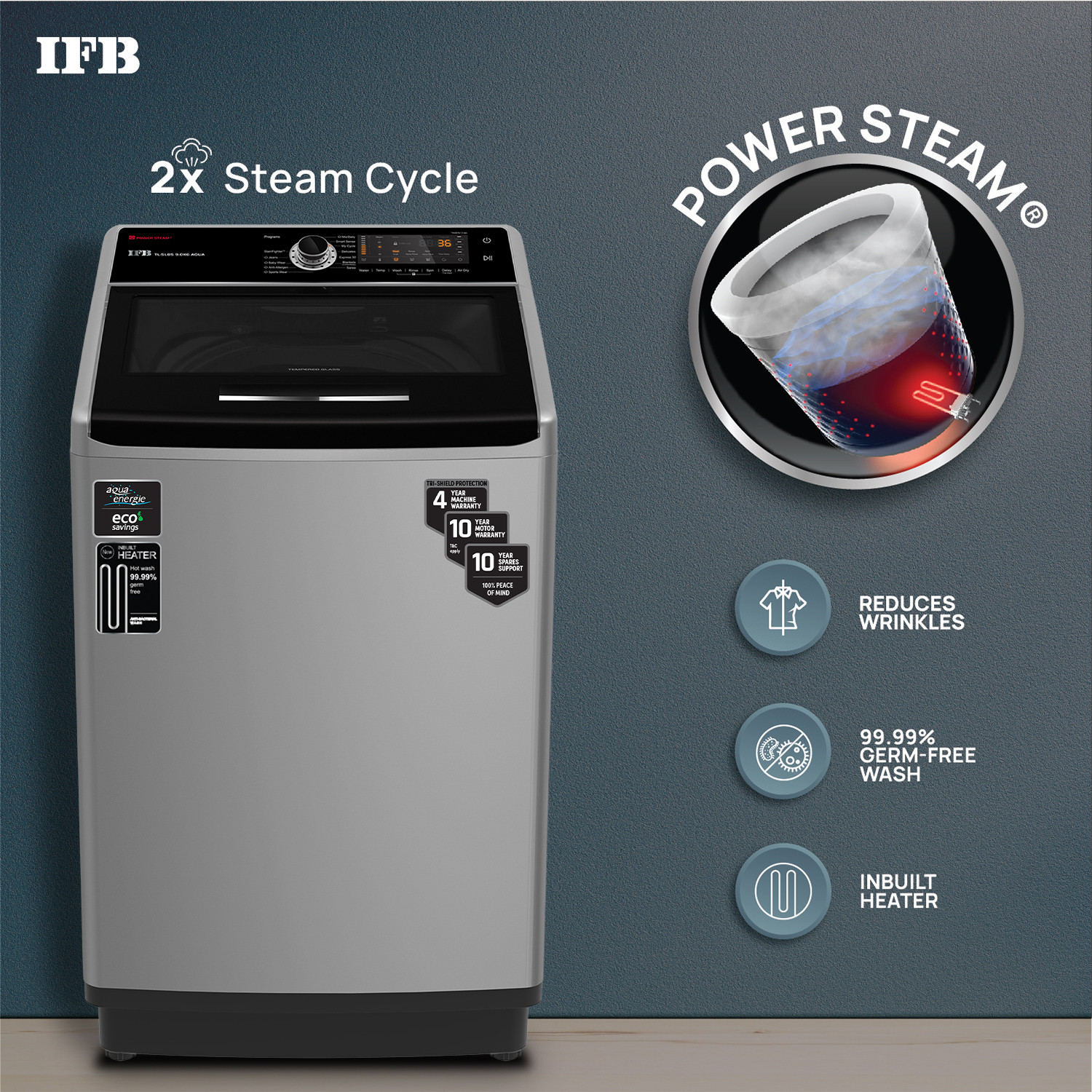 Image of IFB 9 kg Aqua Conserve Power Dual Steam, Fully Automatic Top Load Washing Machine with In-built Heater Silver