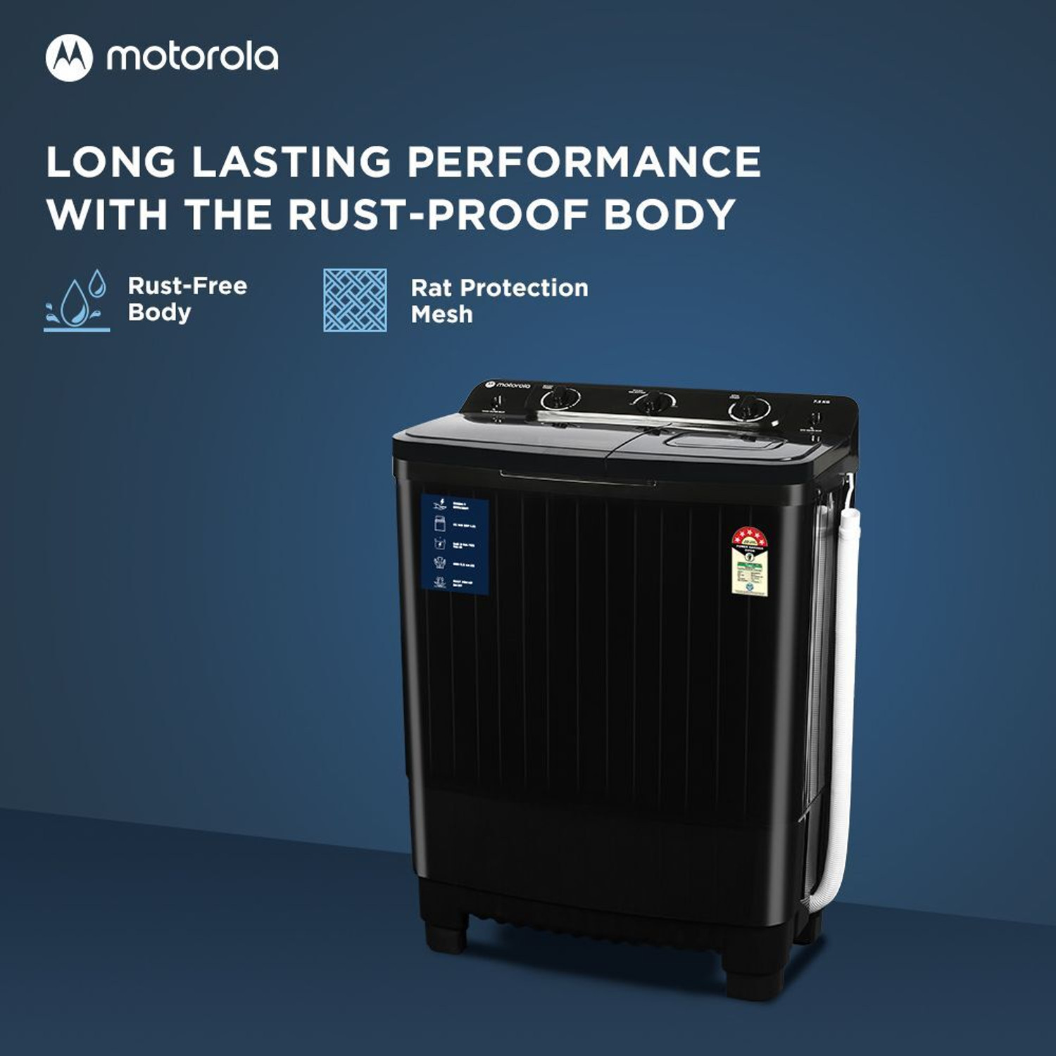 Image of MOTOROLA 7.5 kg 5 star rating Midnight Series Semi Automatic Top Load Washing Machine Black