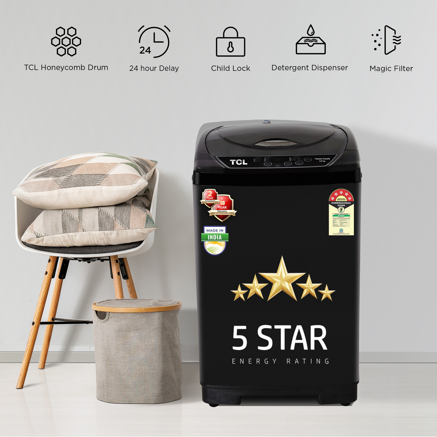 Image of TCL 8 kg 5 Star with 10 Wash Program and Detergent Dispenser, Child Lock with Magic Filter Fully Automatic Top Load Washing Machine Black