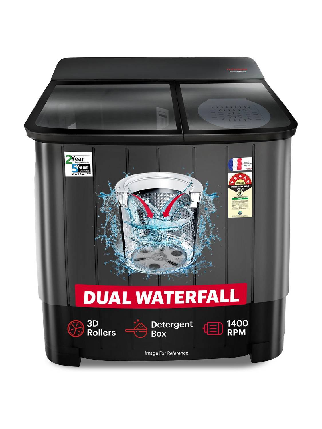 Thomson 12 kg 5 Star Aqua Magic Toughen Glass with soft closure, Double Waterfall, Detergent Box,� Water Level Selector, 3D Rollers Technology, Collar Scrubber, Turbo Dry Technology, Semi Automatic Top Load Washing Machine Black