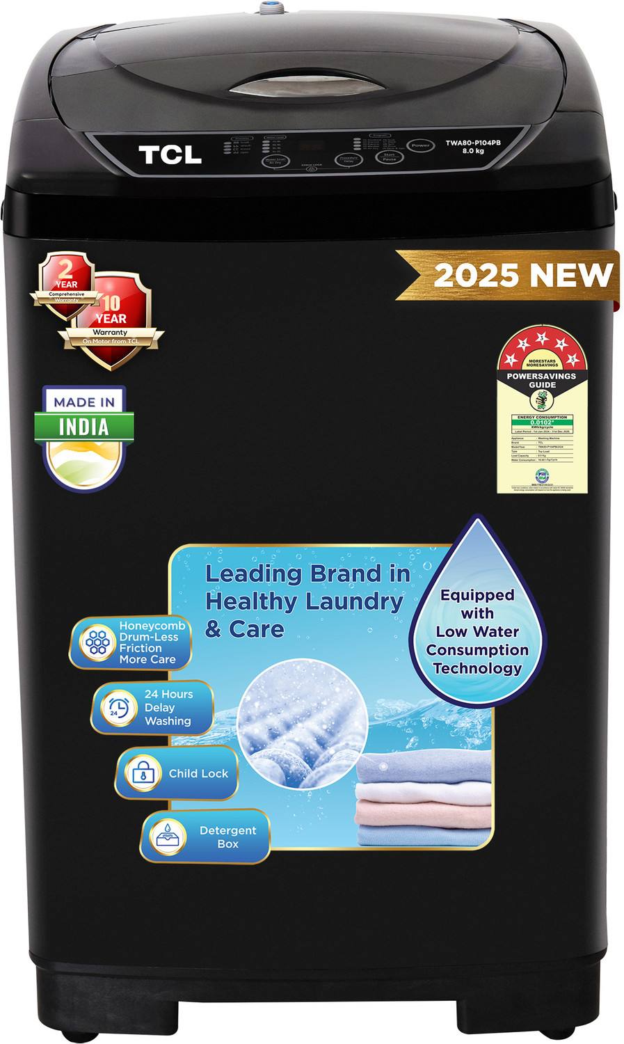 Image of TCL 8 kg 5 Star with 10 Wash Program and Detergent Dispenser, Child Lock with Magic Filter Fully Automatic Top Load Washing Machine Black