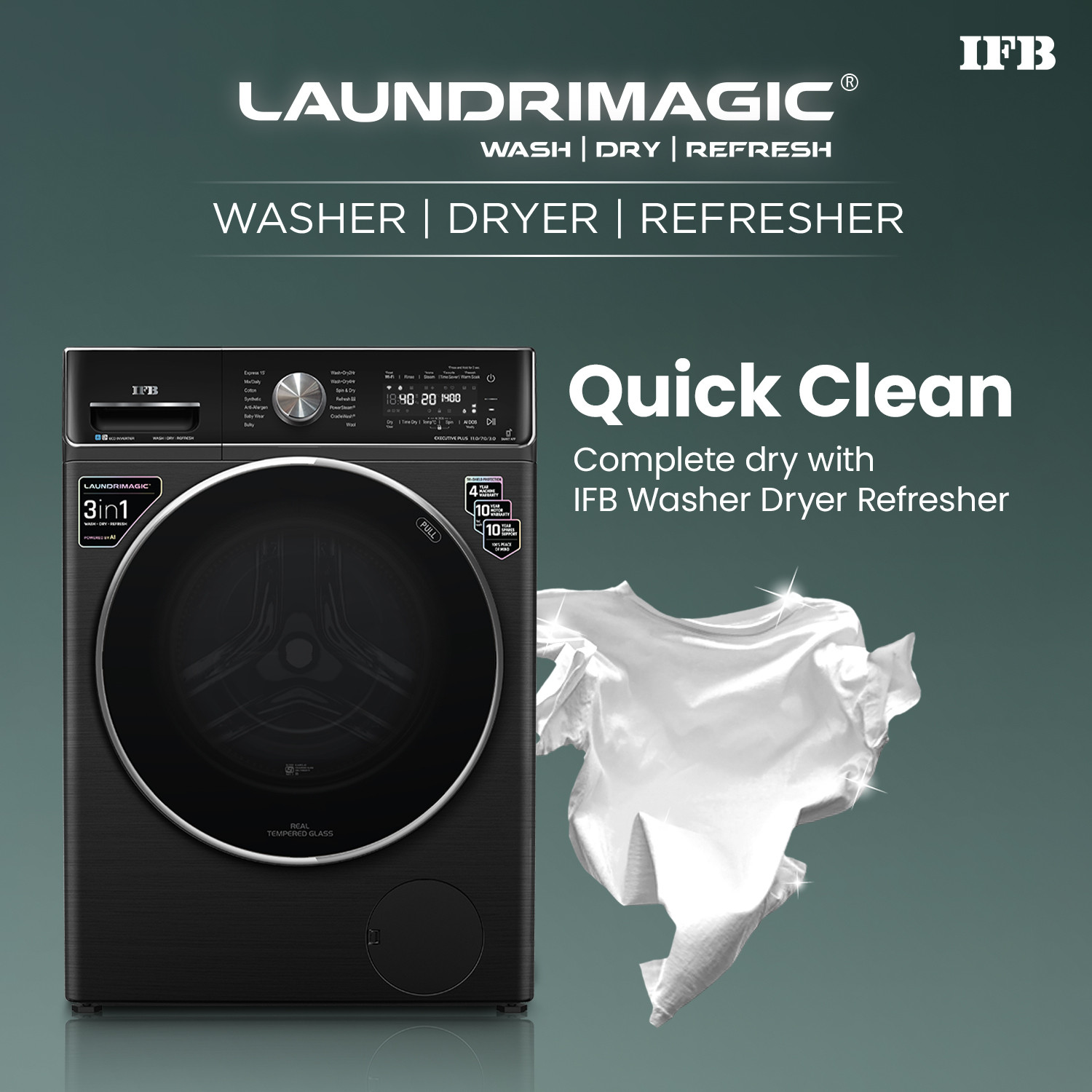 Image of IFB 11 /7 kg Washer with Dryer AI DOS - Auto Detergent Dispensing, Oxyjet Technology, 30 min Steam Refresh Program, 100% Dry Ready-to-Wear Clothes, Eco Inverter Motor, 9 Swirl Wash Mimic Handwashing, Fully Automatic with Hot Water Wash, WiFi Connectivity with In-built Heater Black