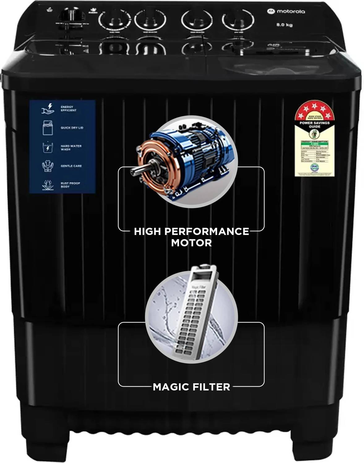 MOTOROLA 8 kg 5 star rating Midnight Series Semi Automatic Top Load Washing Machine Black