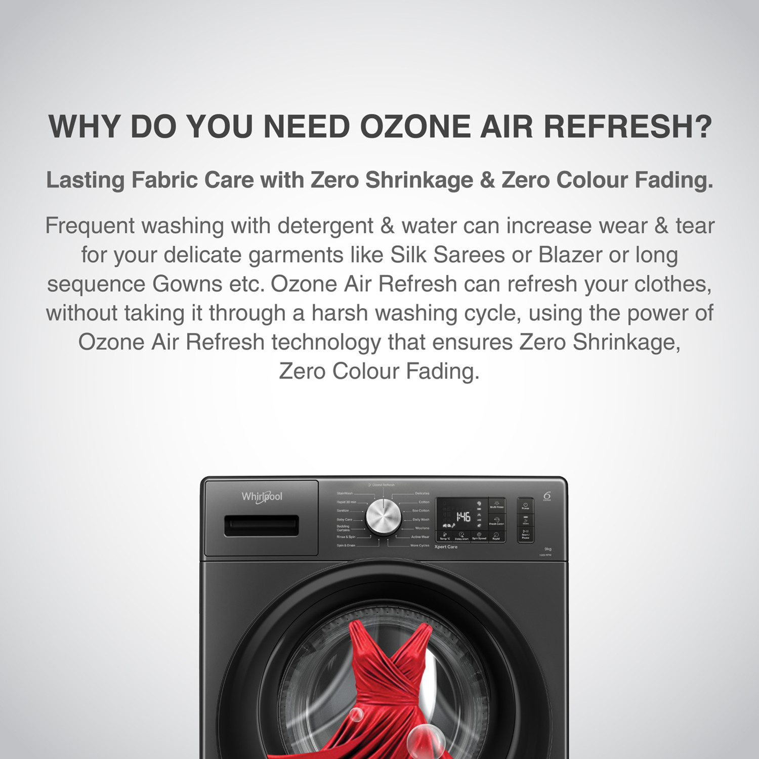 Image of Whirlpool 9 kg Ozone Technology 5 Star Inverter 100+ Tough Stains, 1200 RPM, Supreme Care Fully Automatic Front Load Washing Machine with In-built Heater Black, Grey
