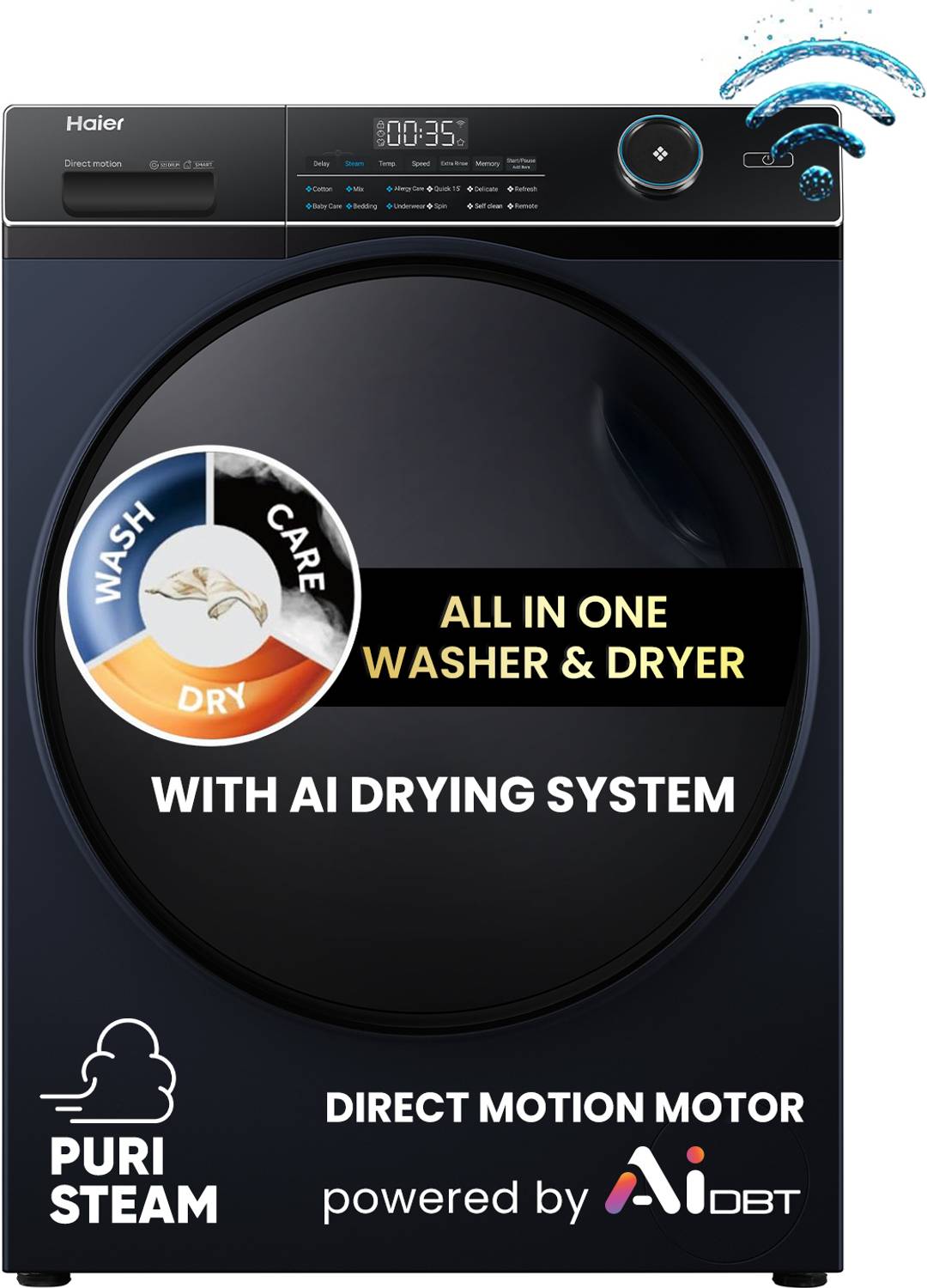 Haier 11 kg 11/7 Kg 5 Star with AI Smart Wash, PuriSteam, i-Refresh, 525 mm Super Drum, Direct Motion Motor, Inbuilt Heater, WiFi Enabled, Washer & Dryer Fully Automatic Front Load Washing Machine with In-built Heater Black