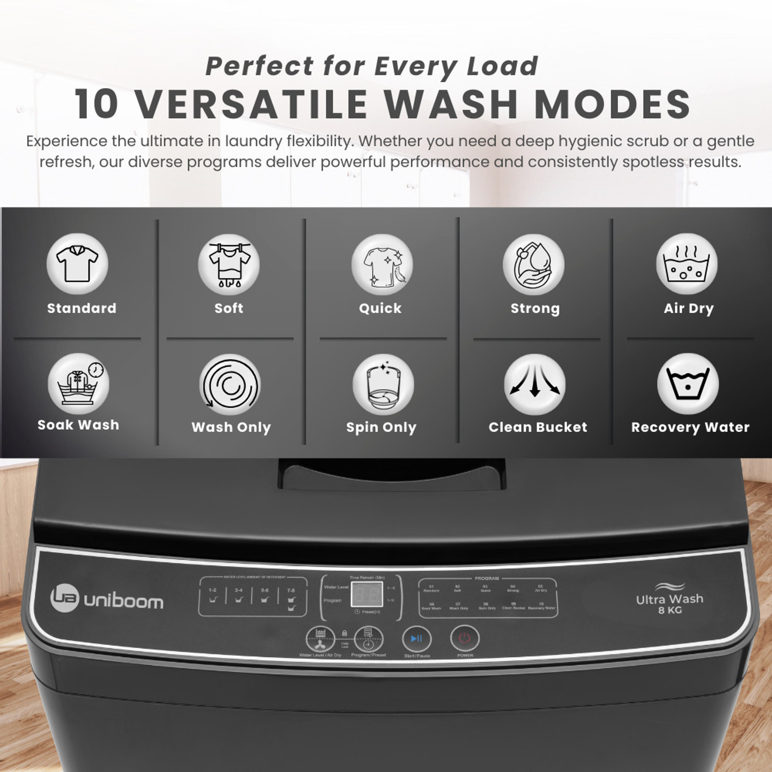 Image of Uniboom 8 kg Ultra Wash | 10 Smart Programs | AI Load Balancer | HD Motor | Detergent Dispenser Fully Automatic Top Load Washing Machine Black