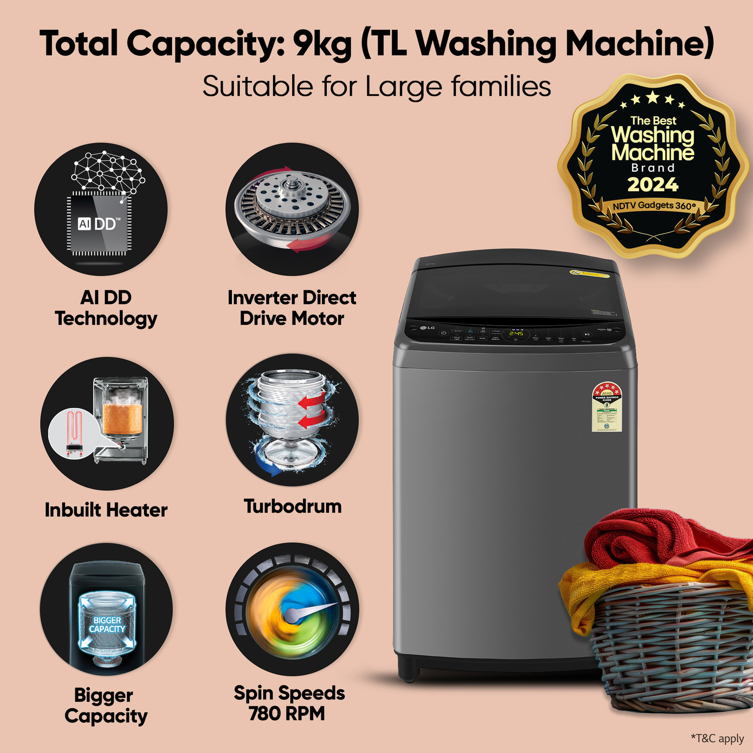 Image of LG 9 kg 5 Star, AI Direct Drive Technology, 6 Motion Direct Drive, Steam Fully Automatic Top Load Washing Machine with In-built Heater Black, Grey