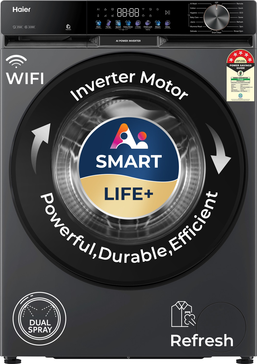 Image of Haier 10 kg 5 Star, AI Smart LIFE+, Vibrant Touch Panel, Fabric Care with Stain Pro Technology, Hygienic Care, ABT, 525 mm Super Drum, Refresh, Direct Motion Motor, WiFi enabled Fully Automatic Front Load Washing Machine with In-built Heater Black