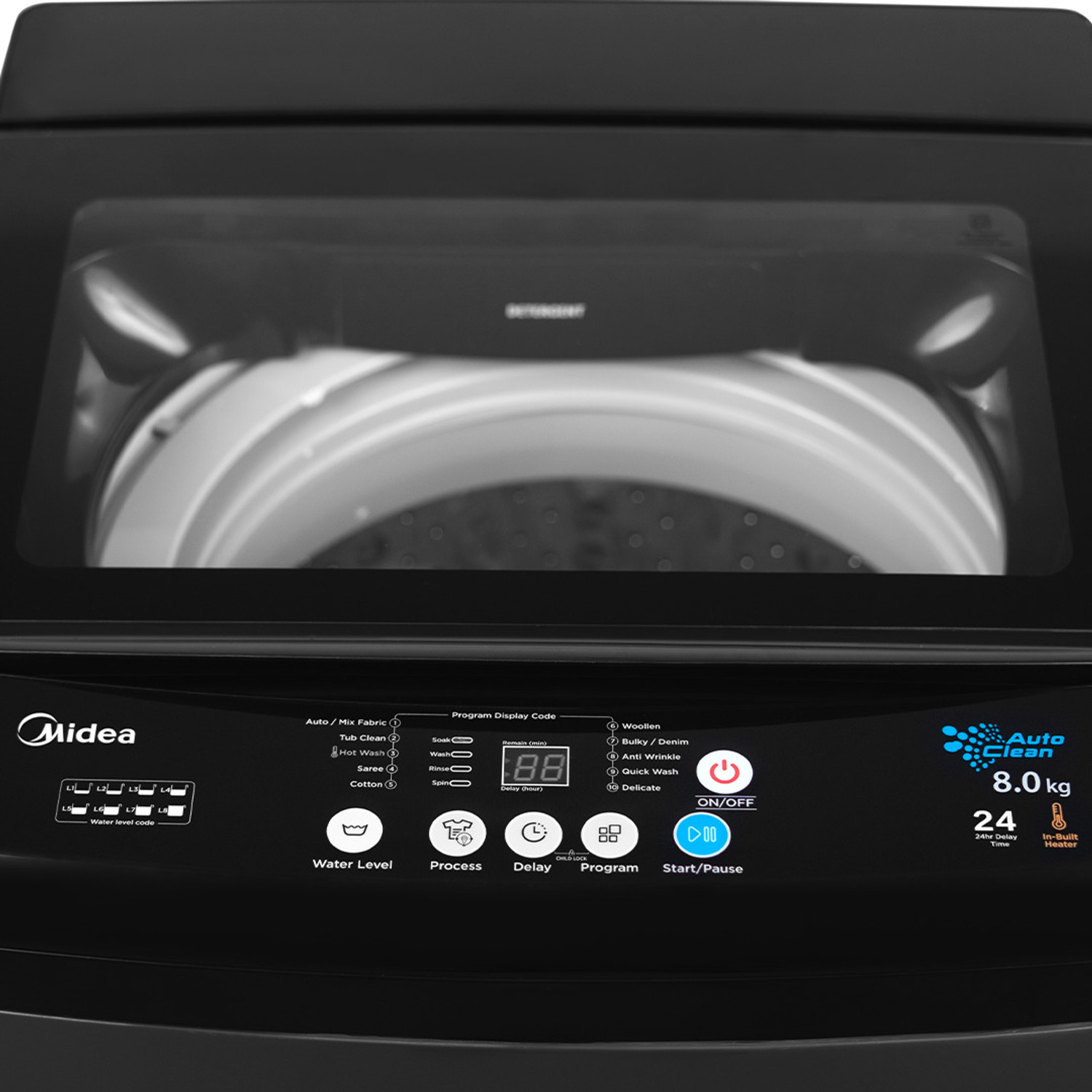 Image of Midea 8 kg Fully Automatic Top Load with In-built Heater Black (MWMTL080FP1GHMB)