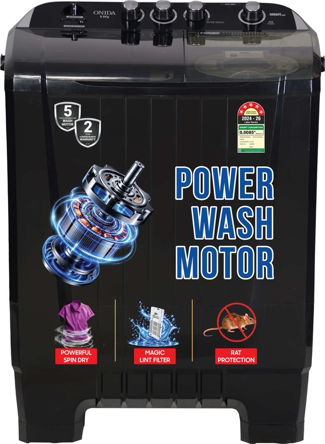 ONIDA 8.5 kg 5 Star With 1450 RPM & Rust Proof Body Semi Automatic Top Load Washing Machine Black