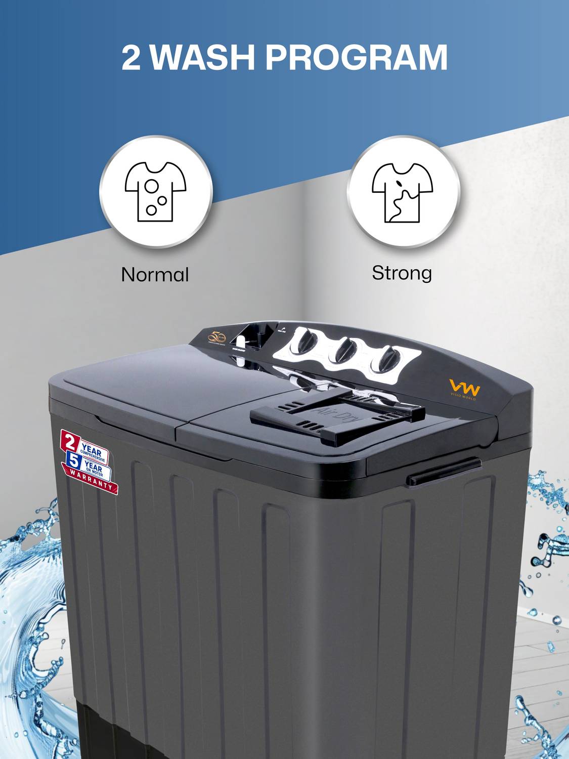VW 7.5 kg Semi Automatic Top Load Washing Machine Black - Image 3